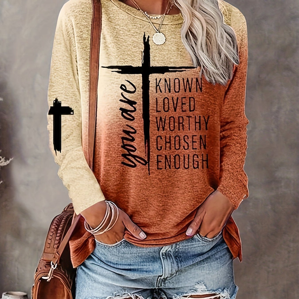 Women's Long Sleeve T-Shirt with Inspirational Lettering & Cross Design - Casual Round Neck Regular Fit All-Season Machine Washable Top, Ladies T Shirts, Casual Attire, Motivational Text Shirt, Soft Texture Apparel