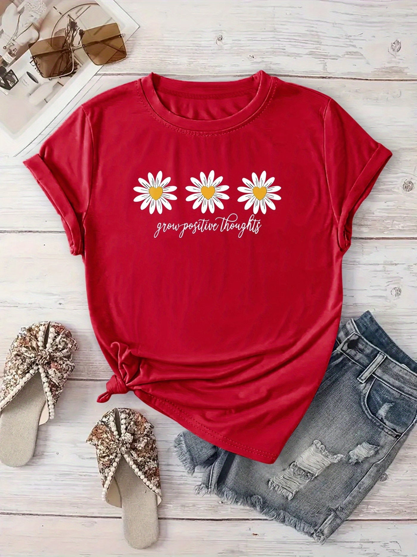 New Arrival: Floral Print T-Shirt for Women, Perfect for Casual Outings, Vacations, Short Sleeves, Round Neck, Suitable for Spring And Summer, Machine Washable, Versatile And Flattering for Streetwear And .