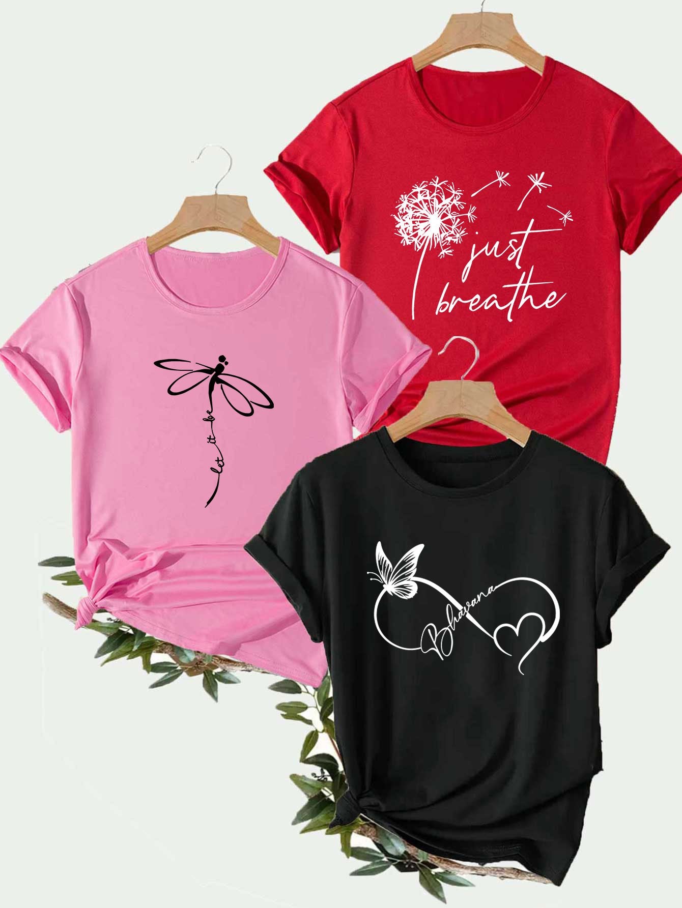 Creative Dragonfly&Butterfly&Dandelion Alphabetical Elements Printed T Shirt 3pcs Set, Summer and Spring Short Sleeve Round Neck Casual Tops Multi Sets for Women
