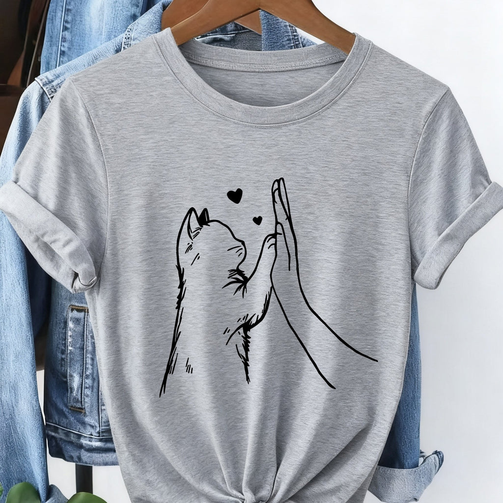 Pet Lovers Cat's Paw Graphic Print Stylish Casual Short Sleeves, Spring and Summer Fit, Round Neck Women's T-shirt