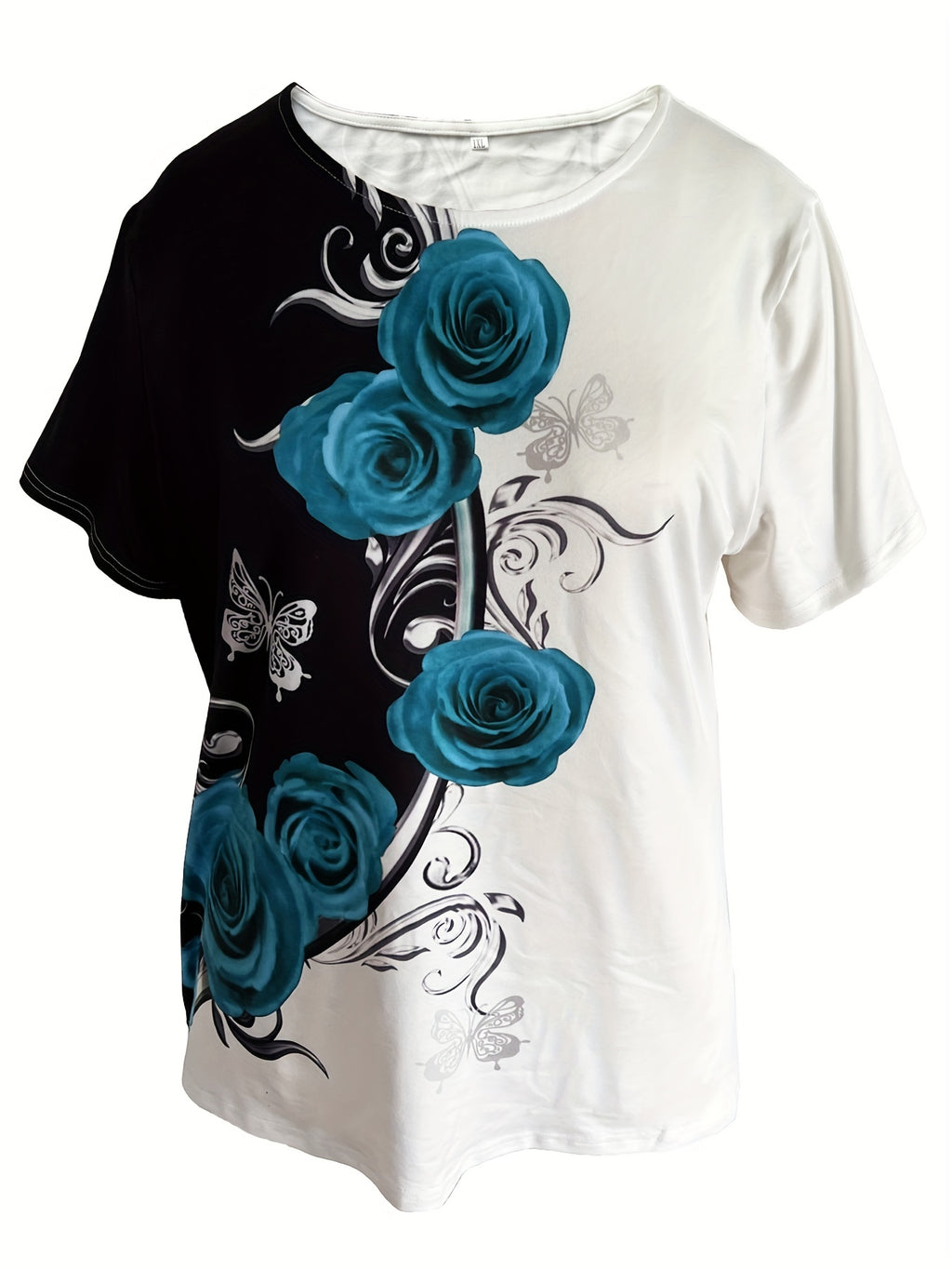 Rose Print Color Block T-shirt, Casual Crew Neck Short Sleeve T-shirt, Women's Clothing