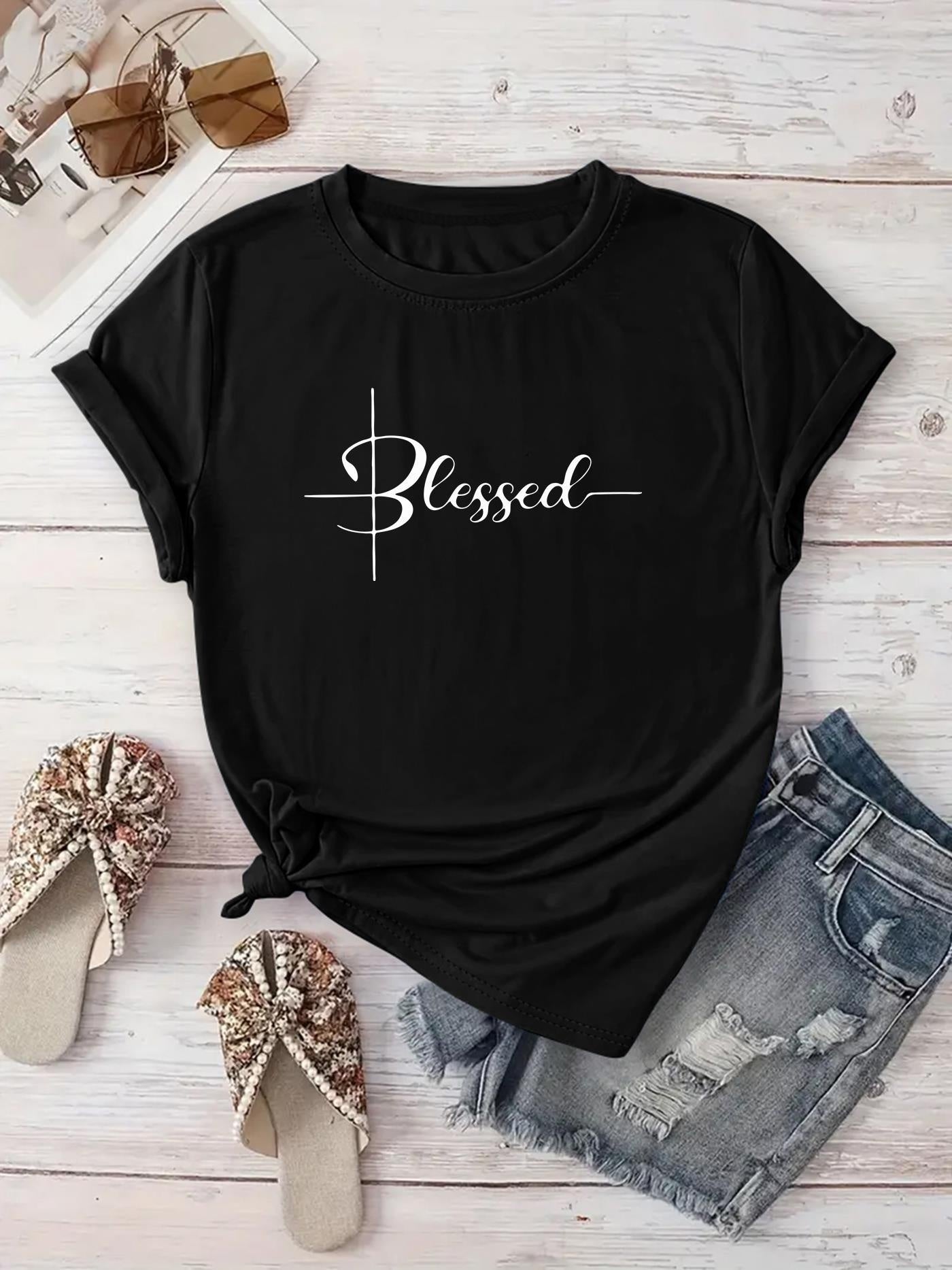 [New Recommendation] Creative Monogram Blessed Printed T-shirt, Women's Casual, Vacation, Short-sleeved Round Neck, Spring and Summer, Machine Washable, New Women's Clothing, Out of the Street Versatile, S