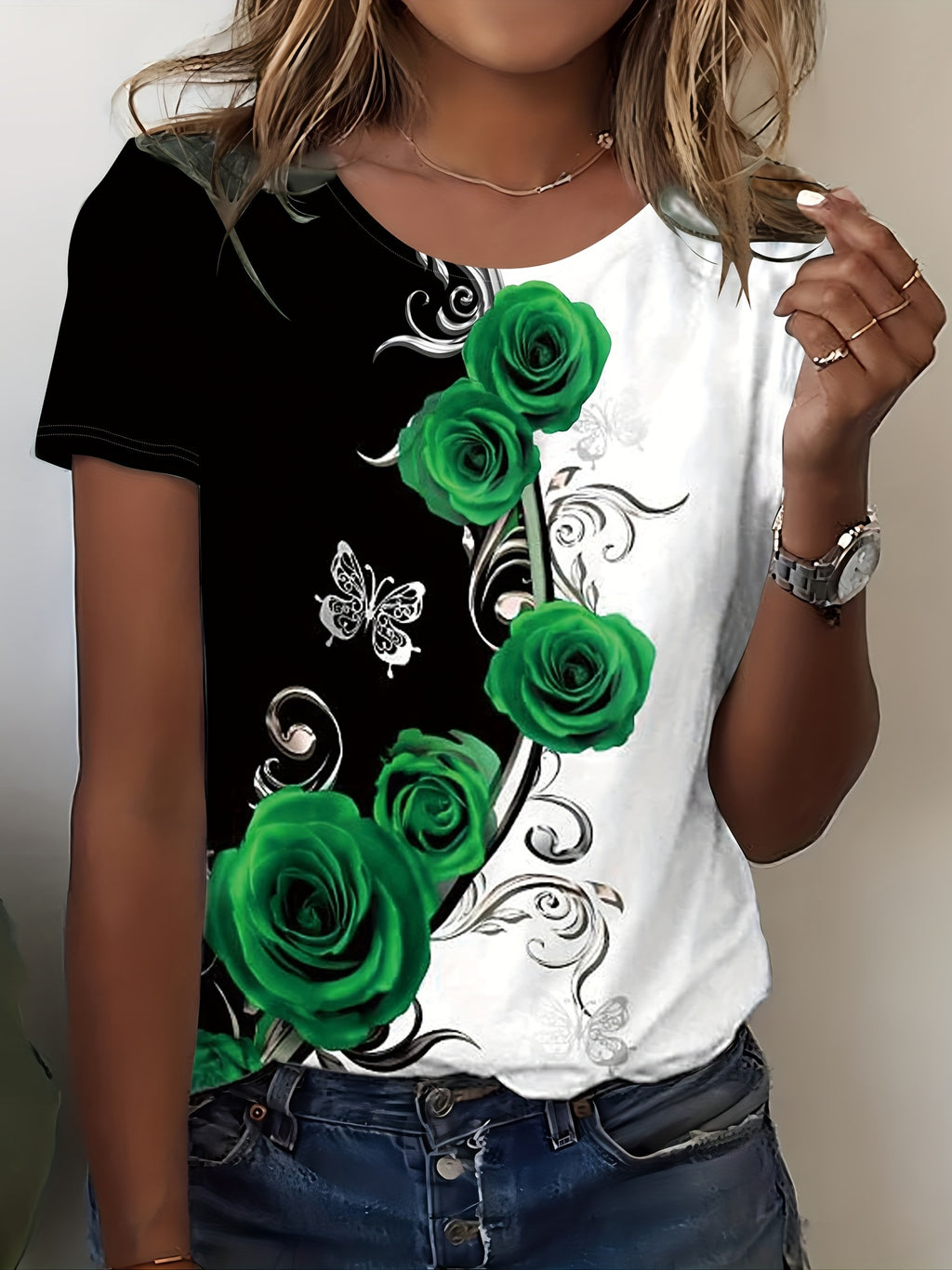 Rose Print Color Block T-shirt, Casual Crew Neck Short Sleeve T-shirt, Women's Clothing