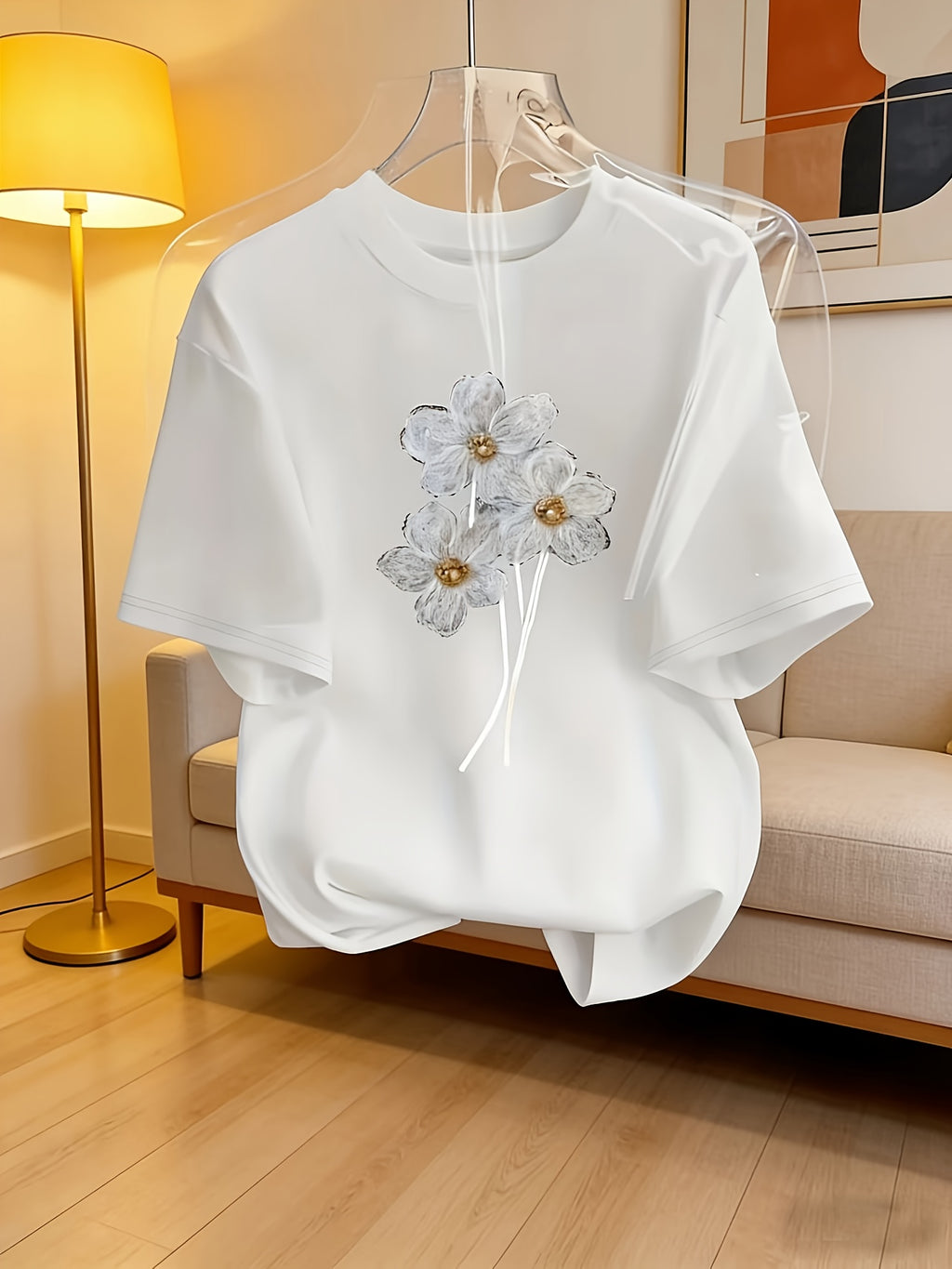 Women's Casual Printed Short-Sleeve T-Shirt - Black Print Design, Round Neck, Lightweight, Machine Washable, Spring/Summer Top, Elegant Women's Shirt