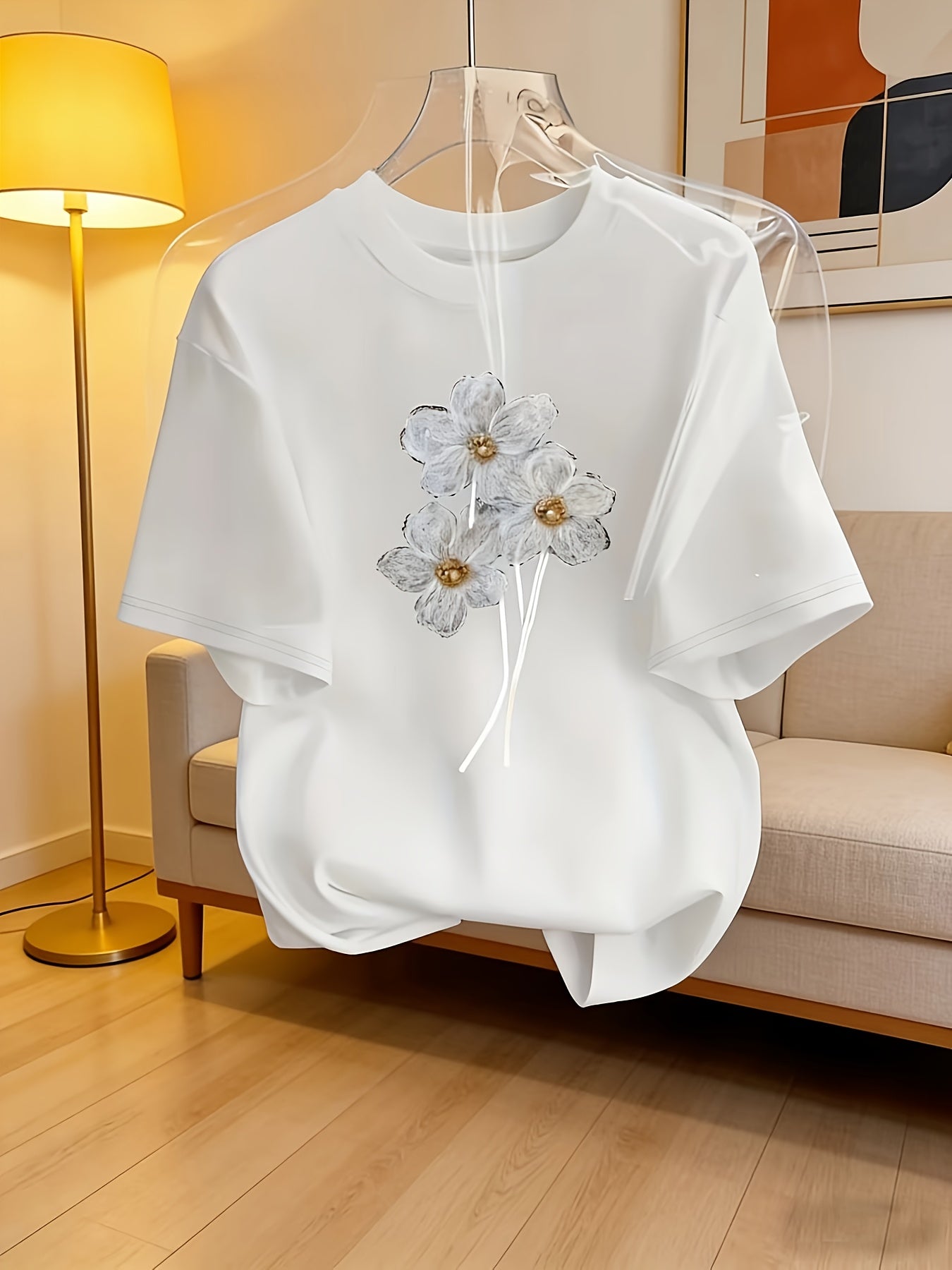 Women's Casual Printed Short-Sleeve T-Shirt - Black Print Design, Round Neck, Lightweight, Machine Washable, Spring/Summer Top, Elegant Women's Shirt