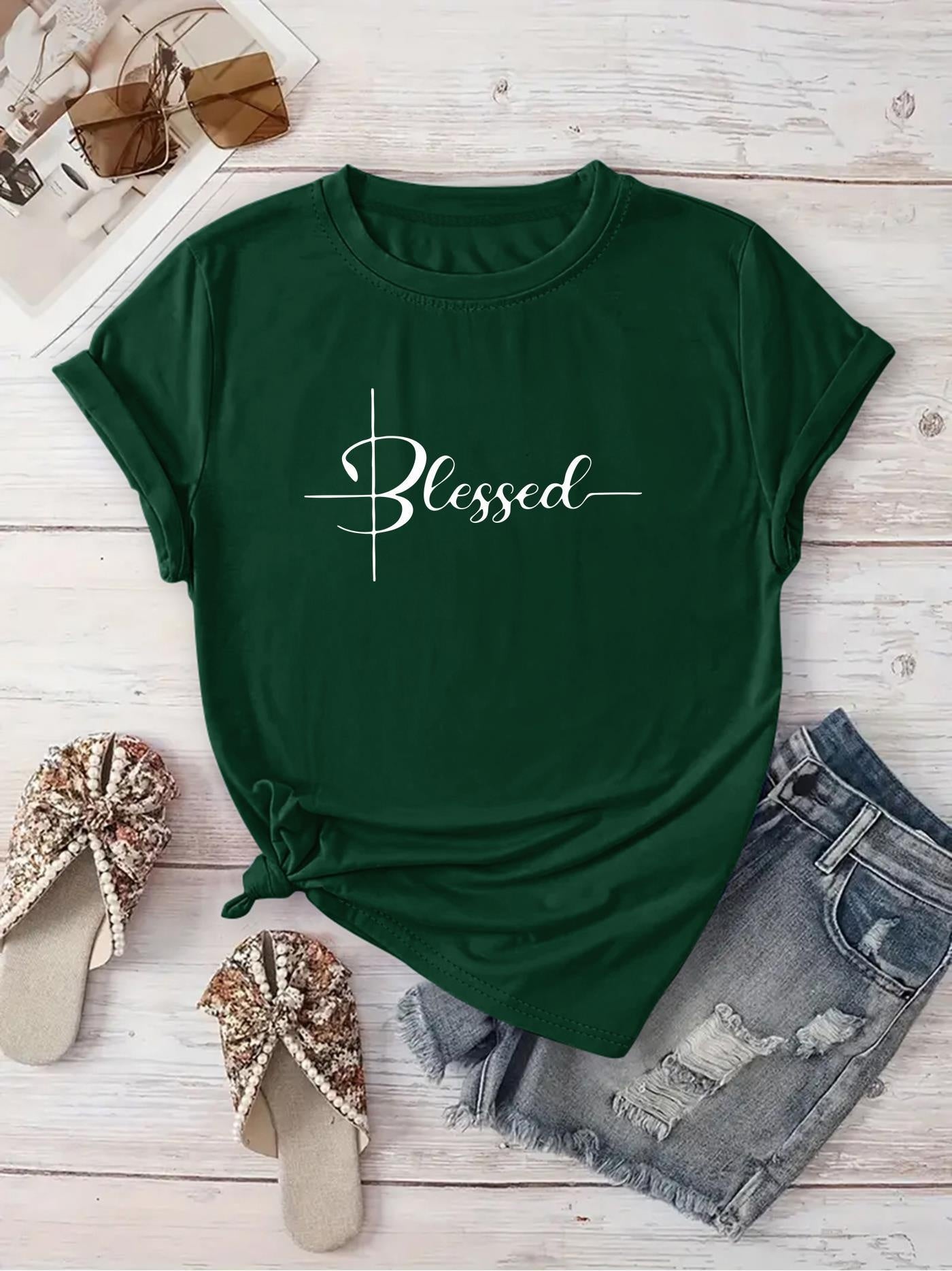 [New Recommendation] Creative Monogram Blessed Printed T-shirt, Women's Casual, Vacation, Short-sleeved Round Neck, Spring and Summer, Machine Washable, New Women's Clothing, Out of the Street Versatile, S