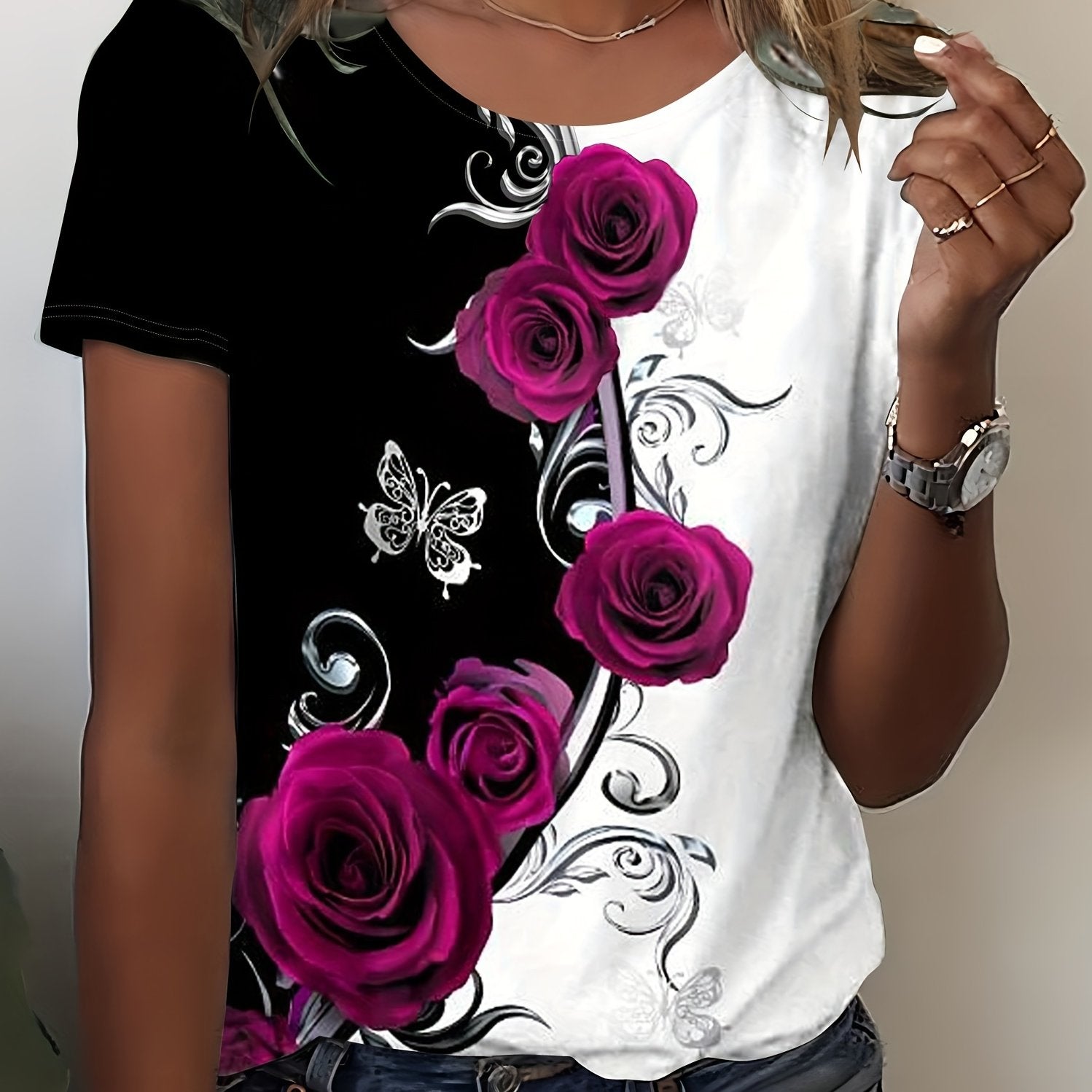 Rose Print Color Block T-shirt, Casual Crew Neck Short Sleeve T-shirt, Women's Clothing