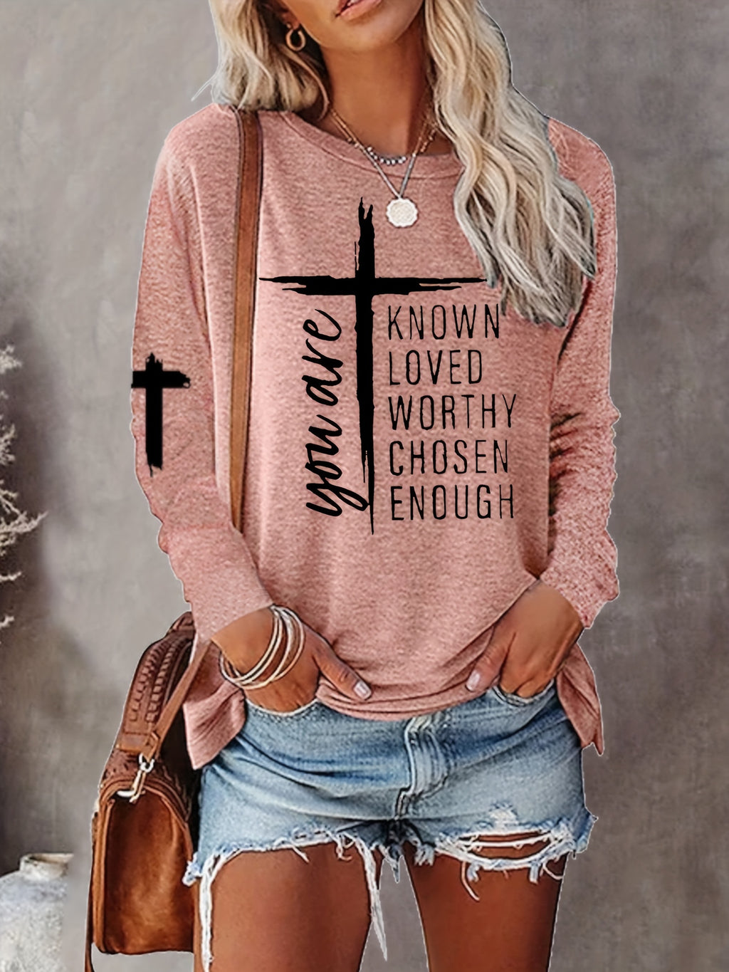 Women's Long Sleeve T-Shirt with Inspirational Lettering & Cross Design - Casual Round Neck Regular Fit All-Season Machine Washable Top, Ladies T Shirts, Casual Attire, Motivational Text Shirt, Soft Texture Apparel