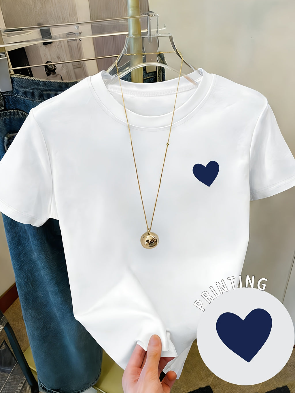 2025 New Yellow Heart Print Fashion Casual Loose Round Neck Short Sleeve T-Shirt, Summer/Spring Women's Loose Sexy Sweet Cute Vacation Top