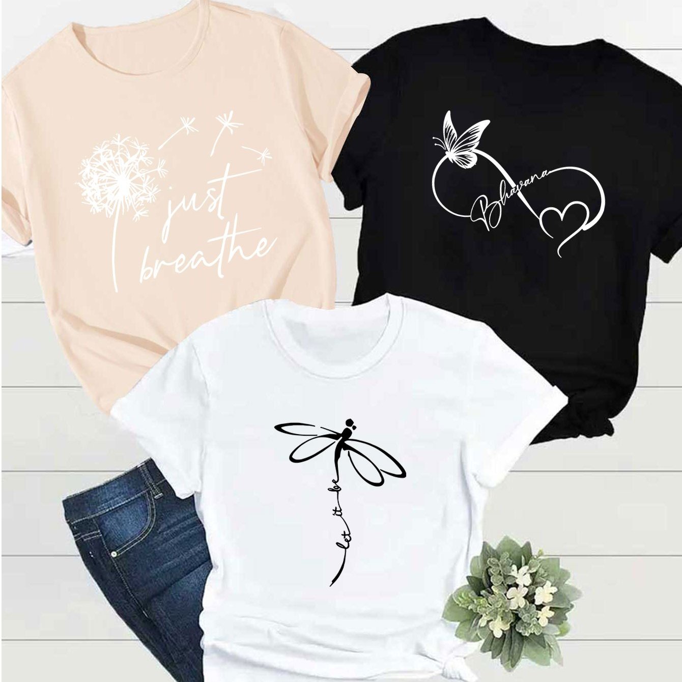 Creative Dragonfly&Butterfly&Dandelion Alphabetical Elements Printed T Shirt 3pcs Set, Summer and Spring Short Sleeve Round Neck Casual Tops Multi Sets for Women
