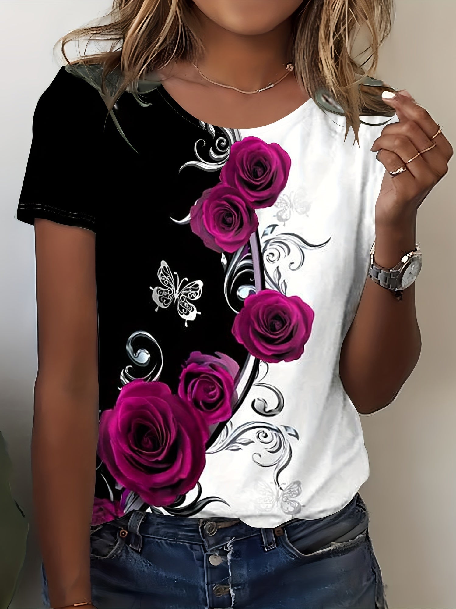 Rose Print Color Block T-shirt, Casual Crew Neck Short Sleeve T-shirt, Women's Clothing