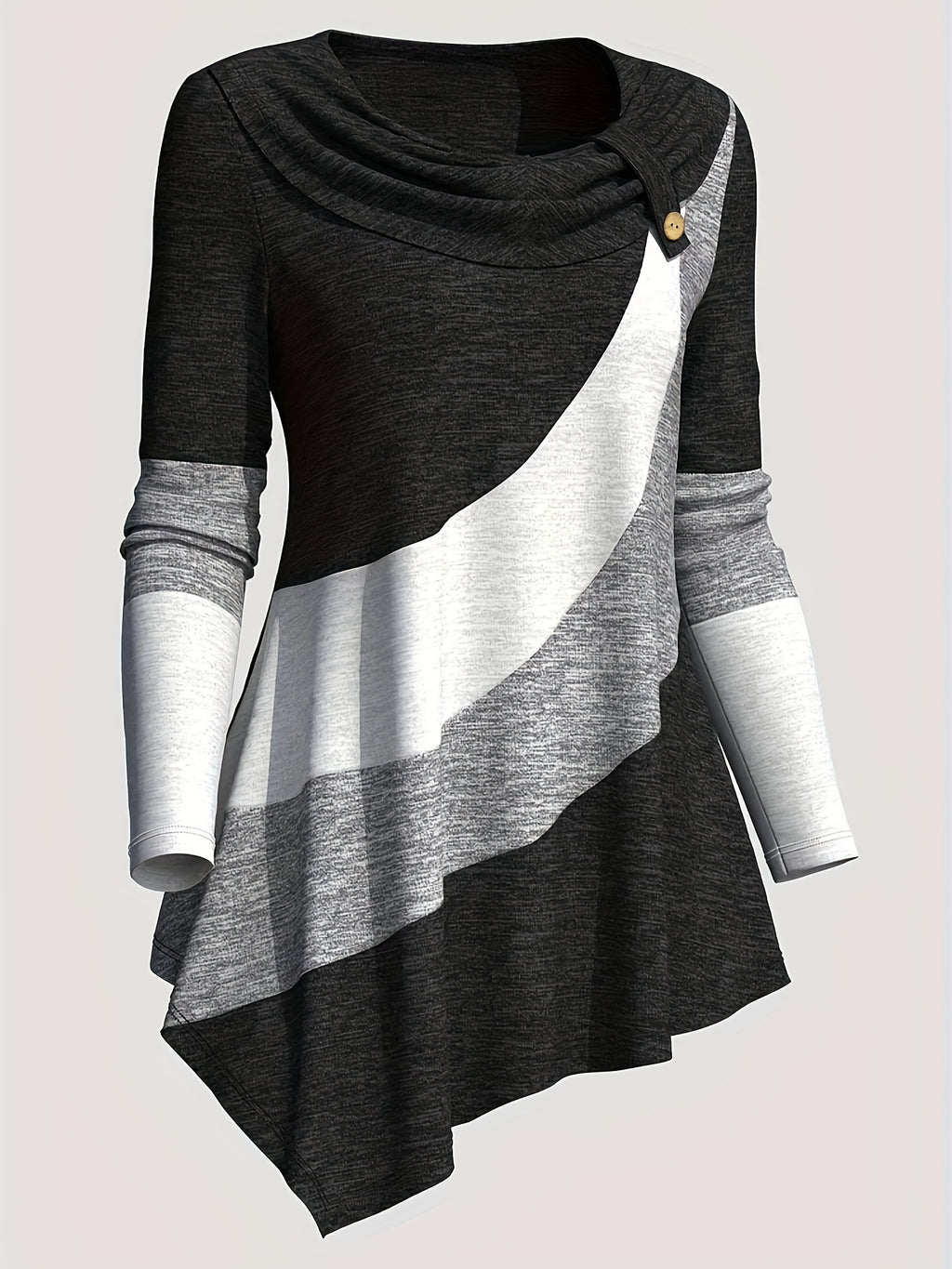 Women'S Long-Sleeve Top with a Collared Design, Featuring an Irregular Hem And Color Block Stitching