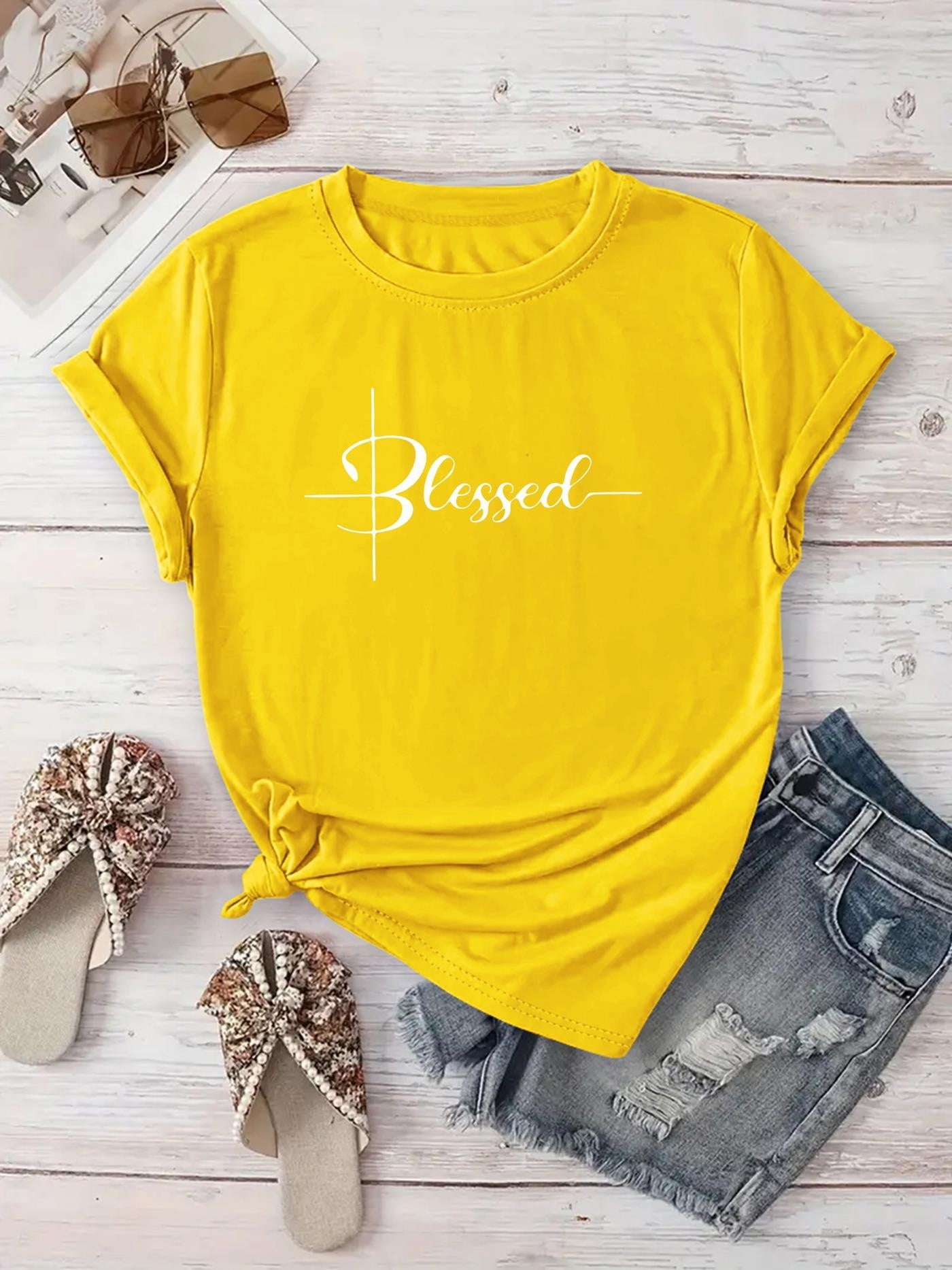 [New Recommendation] Creative Monogram Blessed Printed T-shirt, Women's Casual, Vacation, Short-sleeved Round Neck, Spring and Summer, Machine Washable, New Women's Clothing, Out of the Street Versatile, S