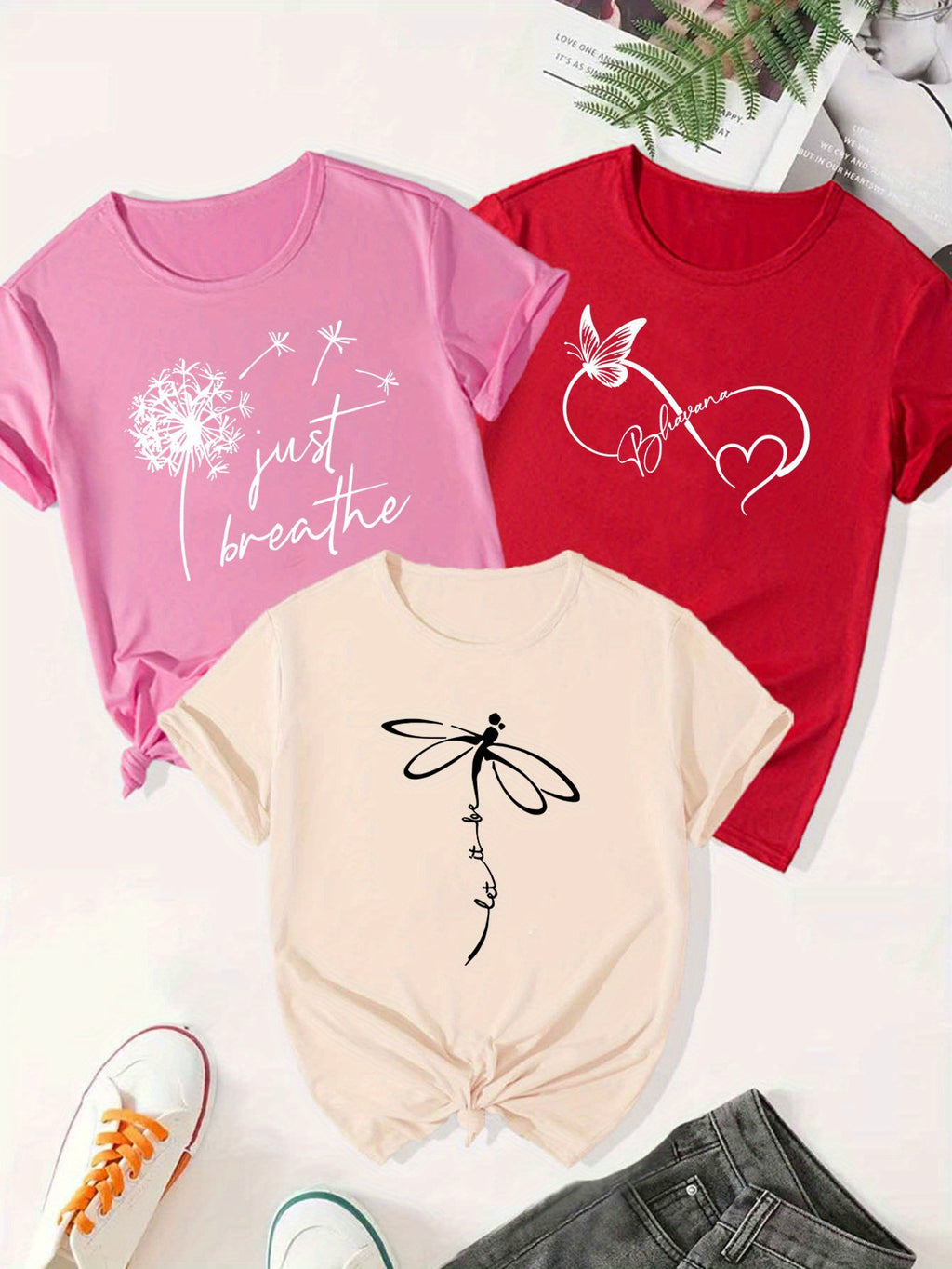 Creative Dragonfly&Butterfly&Dandelion Alphabetical Elements Printed T Shirt 3pcs Set, Summer and Spring Short Sleeve Round Neck Casual Tops Multi Sets for Women