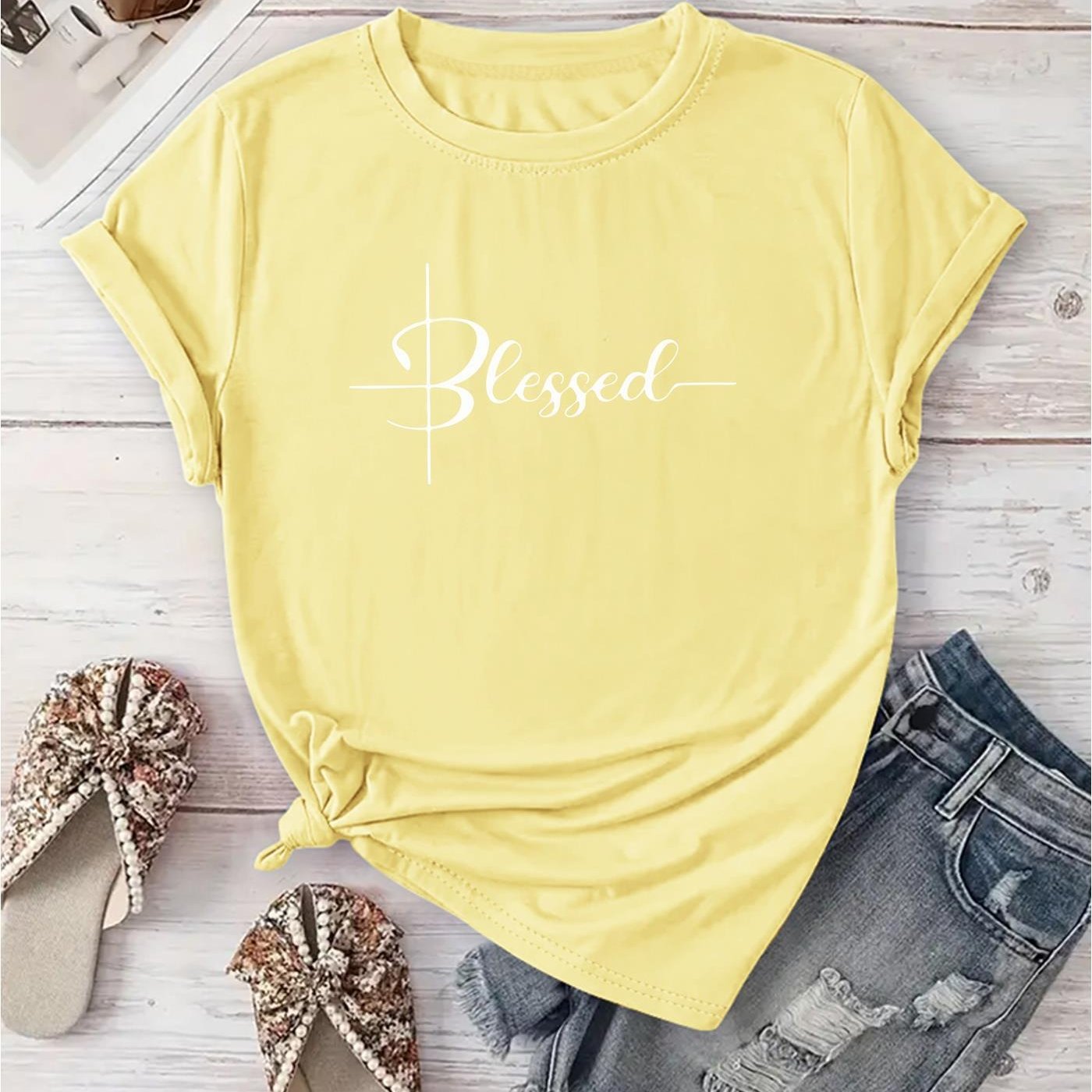 [New Recommendation] Creative Monogram Blessed Printed T-shirt, Women's Casual, Vacation, Short-sleeved Round Neck, Spring and Summer, Machine Washable, New Women's Clothing, Out of the Street Versatile, S