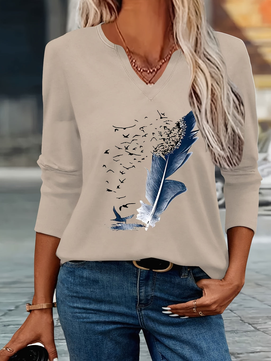 2025 New Style, Print Spring And Summer Fashion Easy Women'S Casual V-Neck Three-Quarter Sleeve T-Shirt 79-A41-544