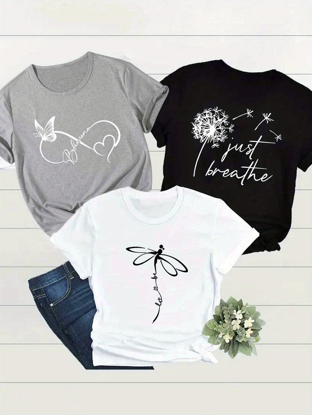Creative Dragonfly&Butterfly&Dandelion Alphabetical Elements Printed T Shirt 3pcs Set, Summer and Spring Short Sleeve Round Neck Casual Tops Multi Sets for Women