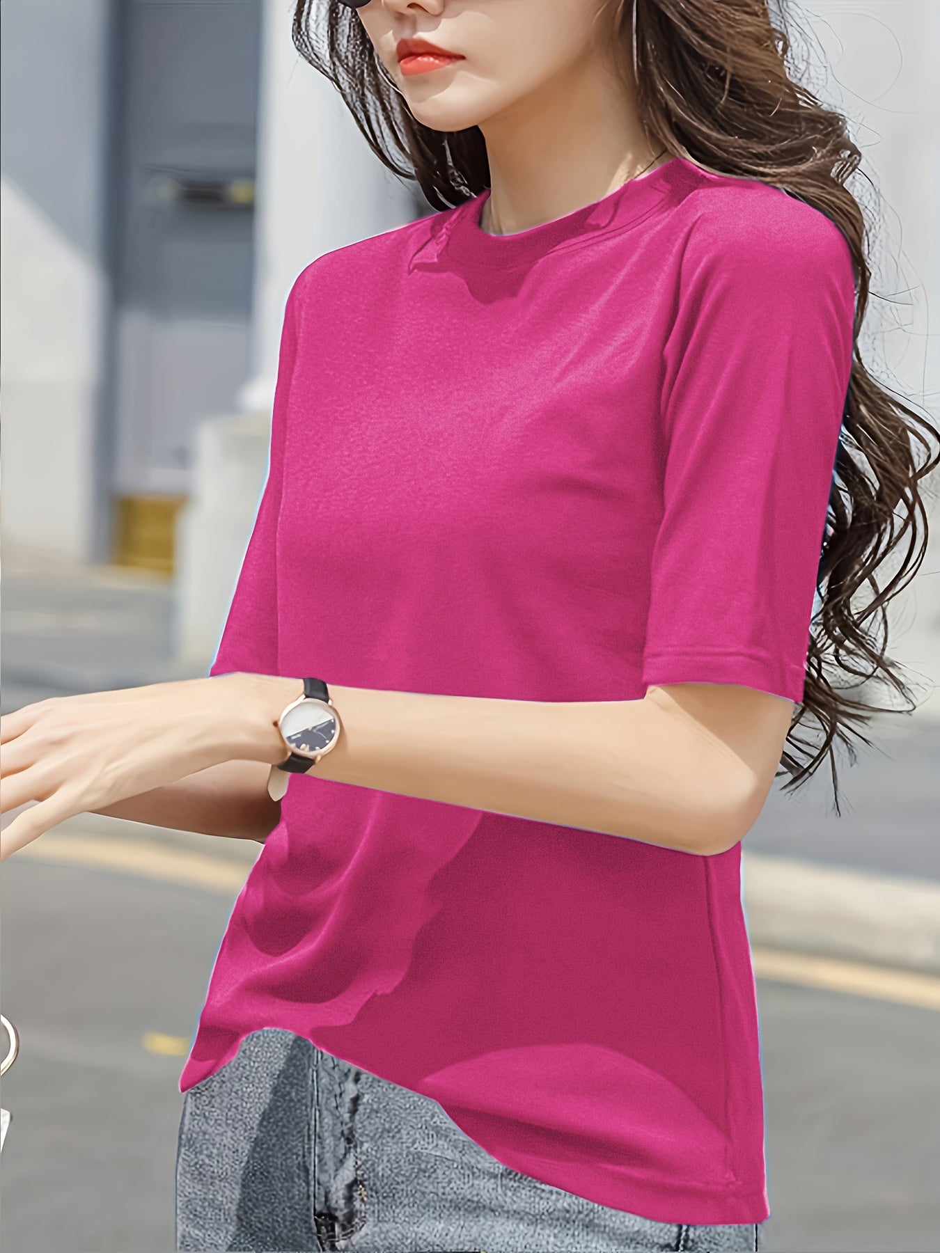 Women'S Elegant Solid Color T-Shirt - Soft Pink Crew Neck Short Sleeve Top, Perfect for Summer Fashion, Everyday Tshirt | Versatile Top | Comfortable Fit