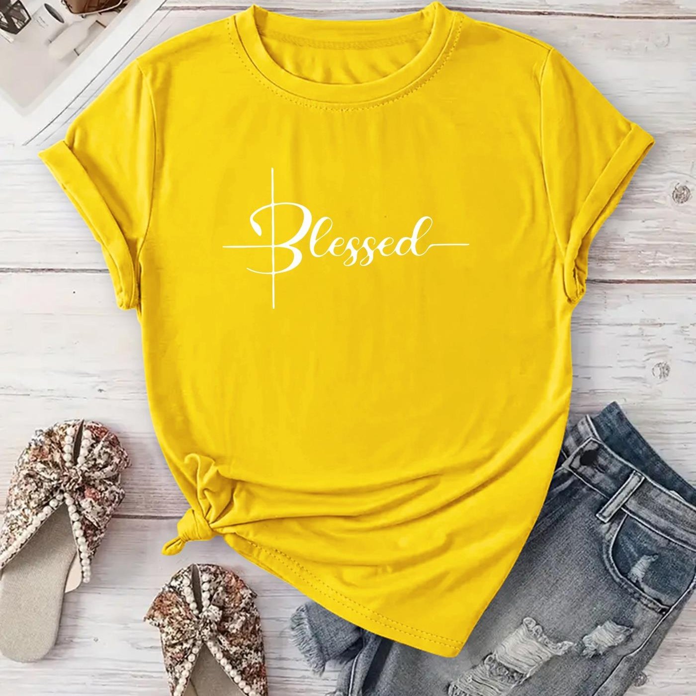 [New Recommendation] Creative Monogram Blessed Printed T-shirt, Women's Casual, Vacation, Short-sleeved Round Neck, Spring and Summer, Machine Washable, New Women's Clothing, Out of the Street Versatile, S
