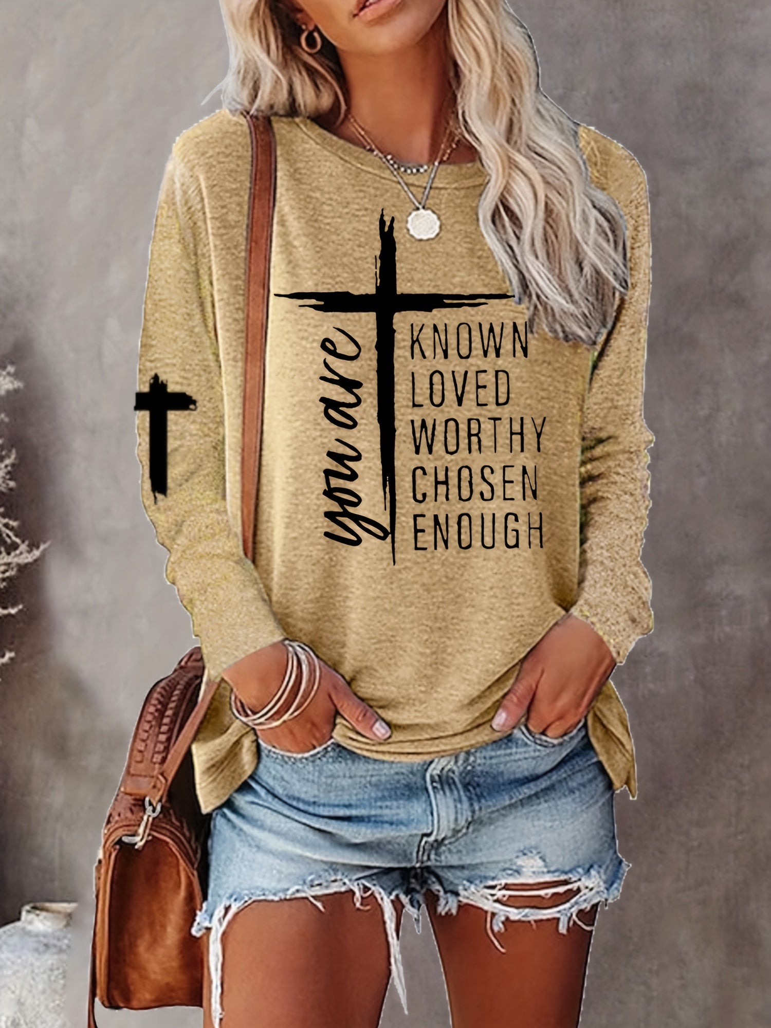 Women's Long Sleeve T-Shirt with Inspirational Lettering & Cross Design - Casual Round Neck Regular Fit All-Season Machine Washable Top, Ladies T Shirts, Casual Attire, Motivational Text Shirt, Soft Texture Apparel
