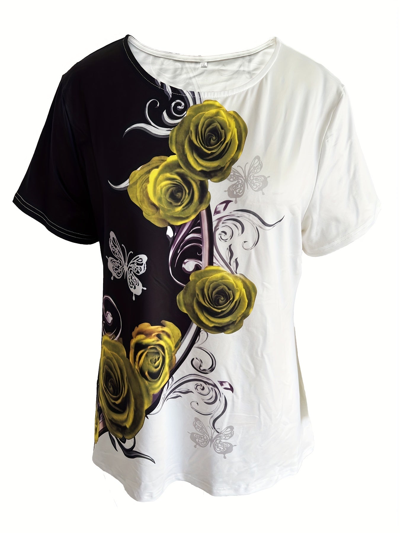 Rose Print Color Block T-shirt, Casual Crew Neck Short Sleeve T-shirt, Women's Clothing