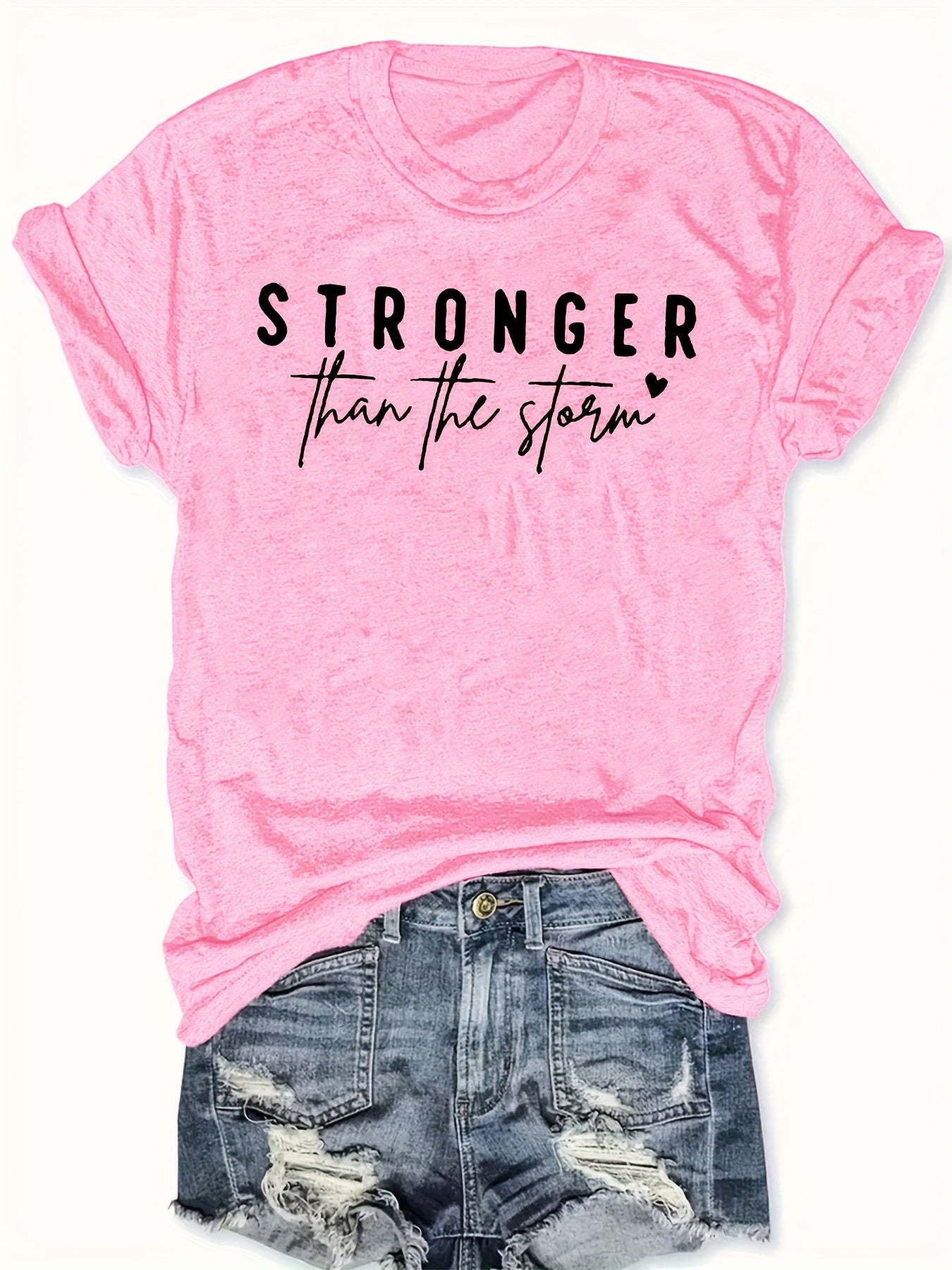 Women'S "Stronger Than the Storm" Graphic Tee - Pink Casual Short Sleeve T-Shirt with Heart Design, Summer 2025 Collection, Casual Attire|Playful Print|Short Sleeve Shirt
