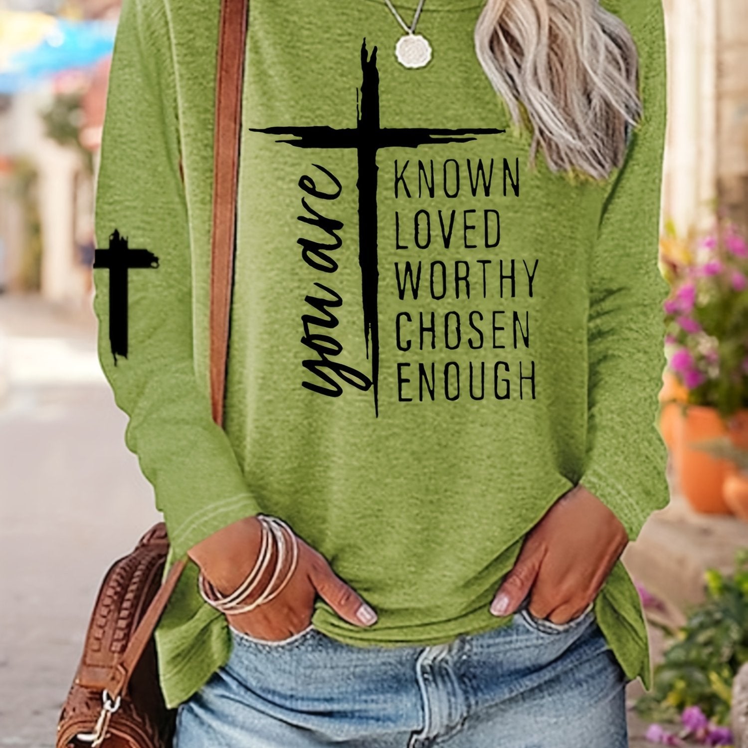 Women's Long Sleeve T-Shirt with Inspirational Lettering & Cross Design - Casual Round Neck Regular Fit All-Season Machine Washable Top, Ladies T Shirts, Casual Attire, Motivational Text Shirt, Soft Texture Apparel