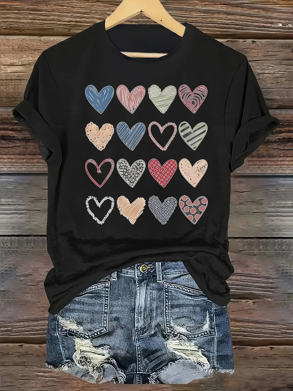 Fashionable Women'S Collection Valentine'S Day Creative Heart Pattern Printed Casual Round Neck Short Sleeve T-Shirt