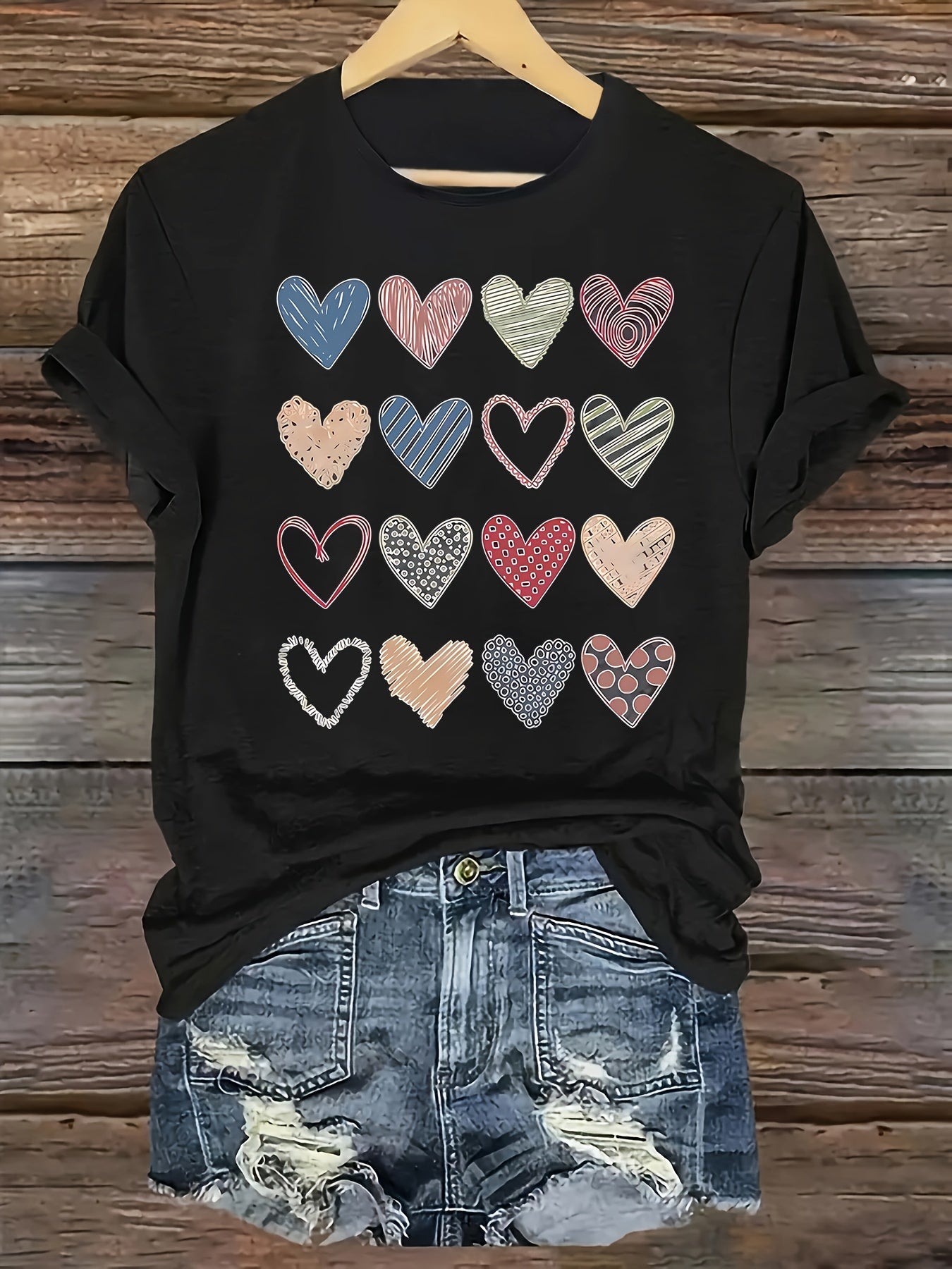 Fashionable Women'S Collection Valentine'S Day Creative Heart Pattern Printed Casual Round Neck Short Sleeve T-Shirt