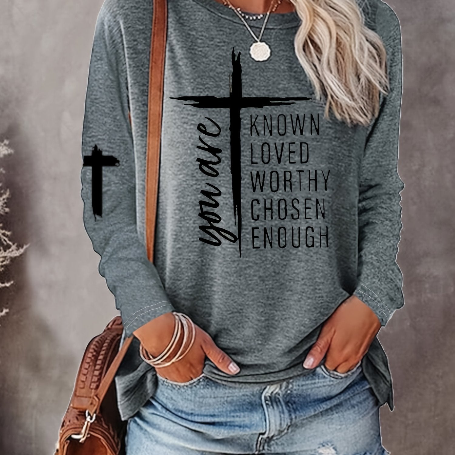 Women's Long Sleeve T-Shirt with Inspirational Lettering & Cross Design - Casual Round Neck Regular Fit All-Season Machine Washable Top, Ladies T Shirts, Casual Attire, Motivational Text Shirt, Soft Texture Apparel