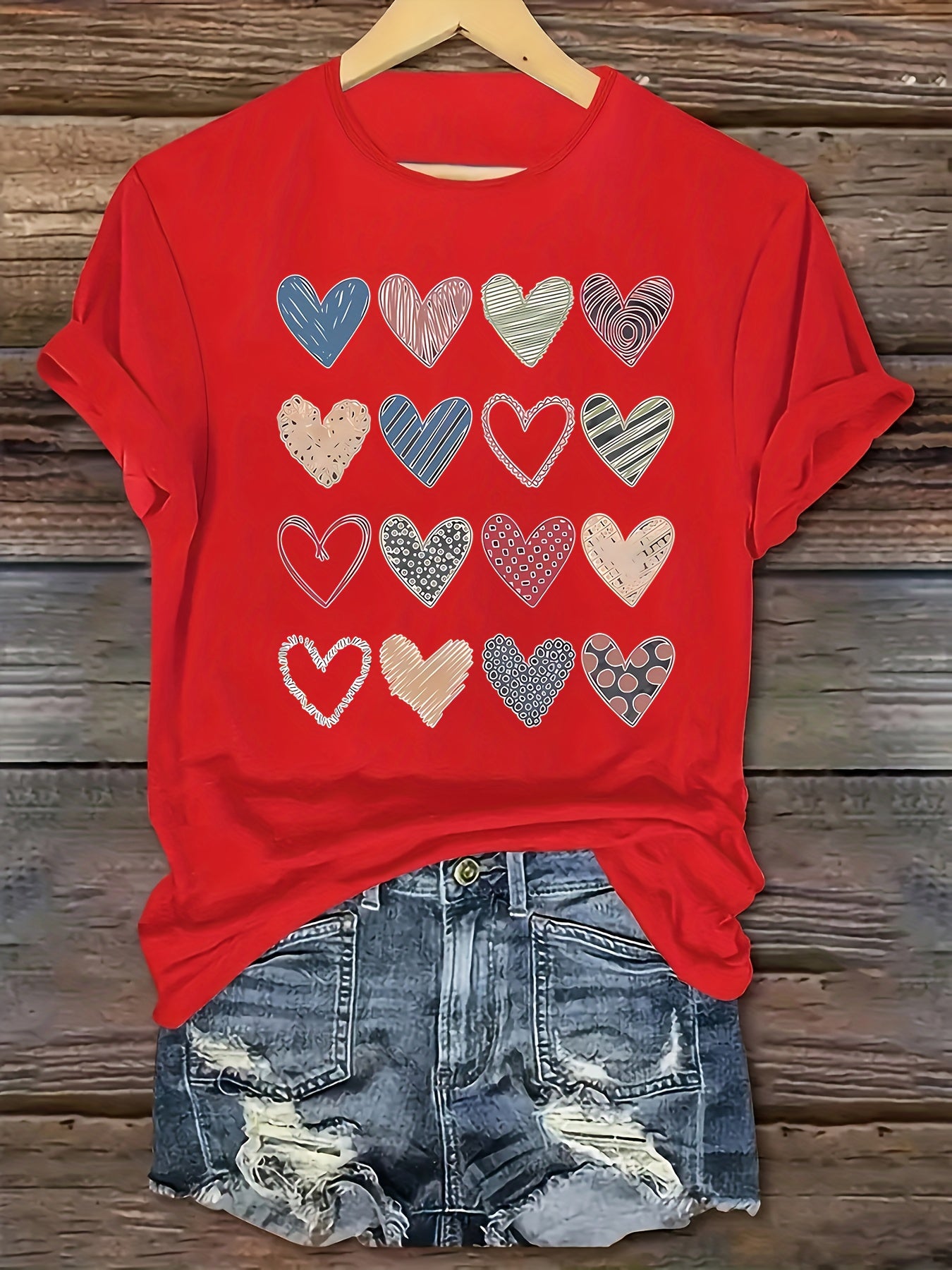 Fashionable Women'S Collection Valentine'S Day Creative Heart Pattern Printed Casual Round Neck Short Sleeve T-Shirt