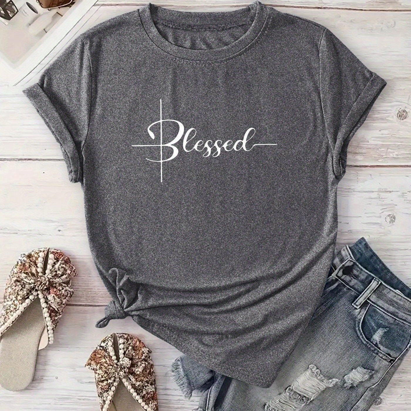 [New Recommendation] Creative Monogram Blessed Printed T-shirt, Women's Casual, Vacation, Short-sleeved Round Neck, Spring and Summer, Machine Washable, New Women's Clothing, Out of the Street Versatile, S