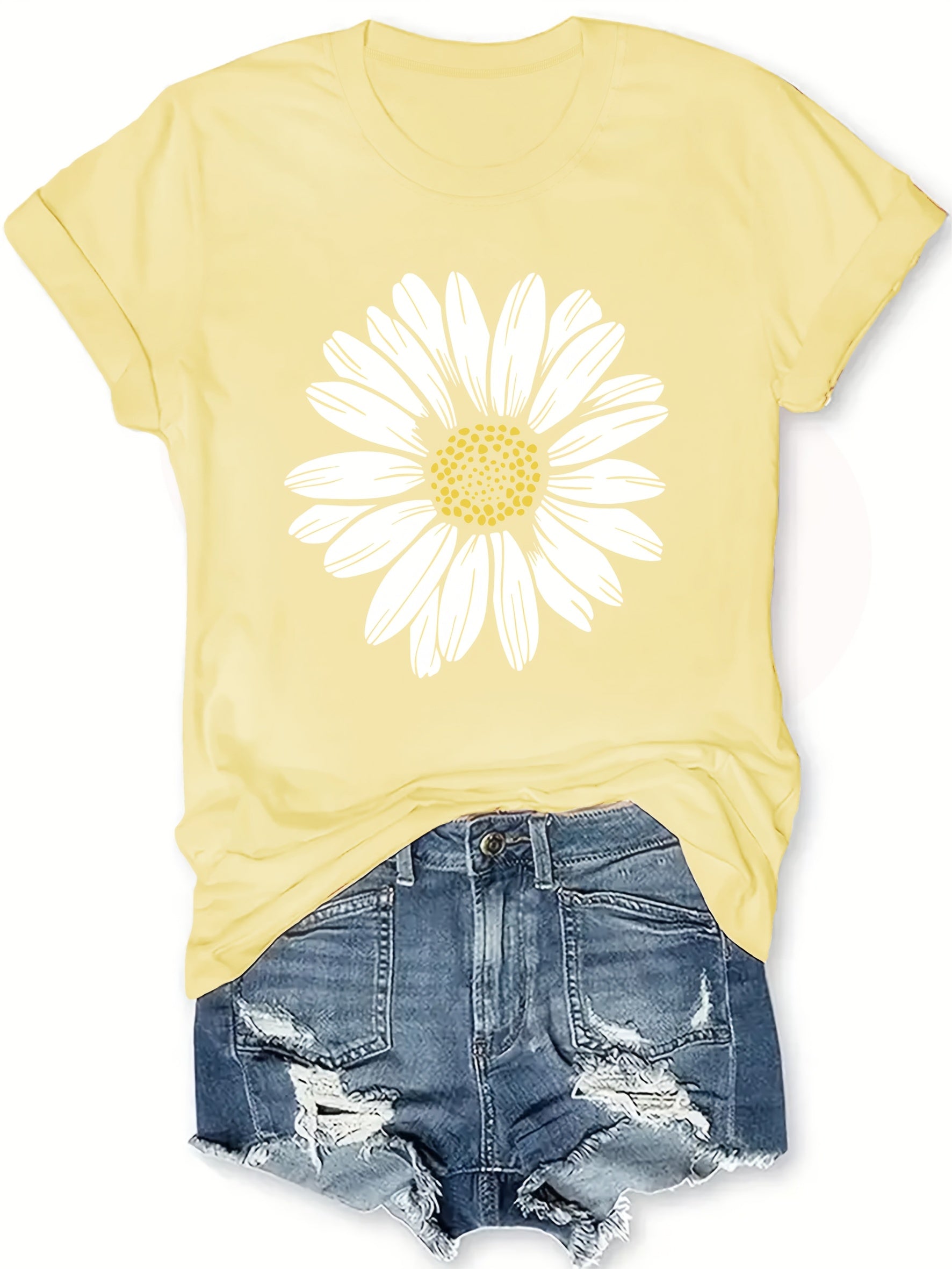 Daisy Flower Print Women's Summer Outfit Combined Version Round Neck T-shirt