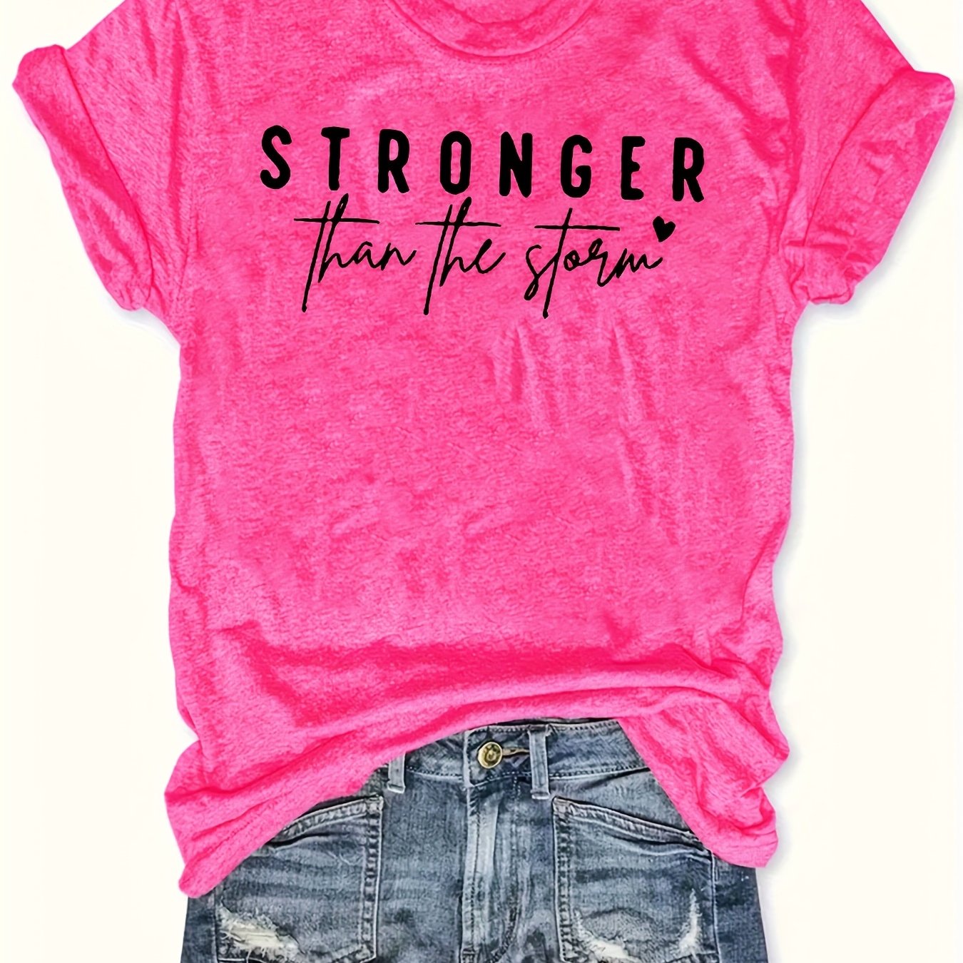 Women'S "Stronger Than the Storm" Graphic Tee - Pink Casual Short Sleeve T-Shirt with Heart Design, Summer 2025 Collection, Casual Attire|Playful Print|Short Sleeve Shirt