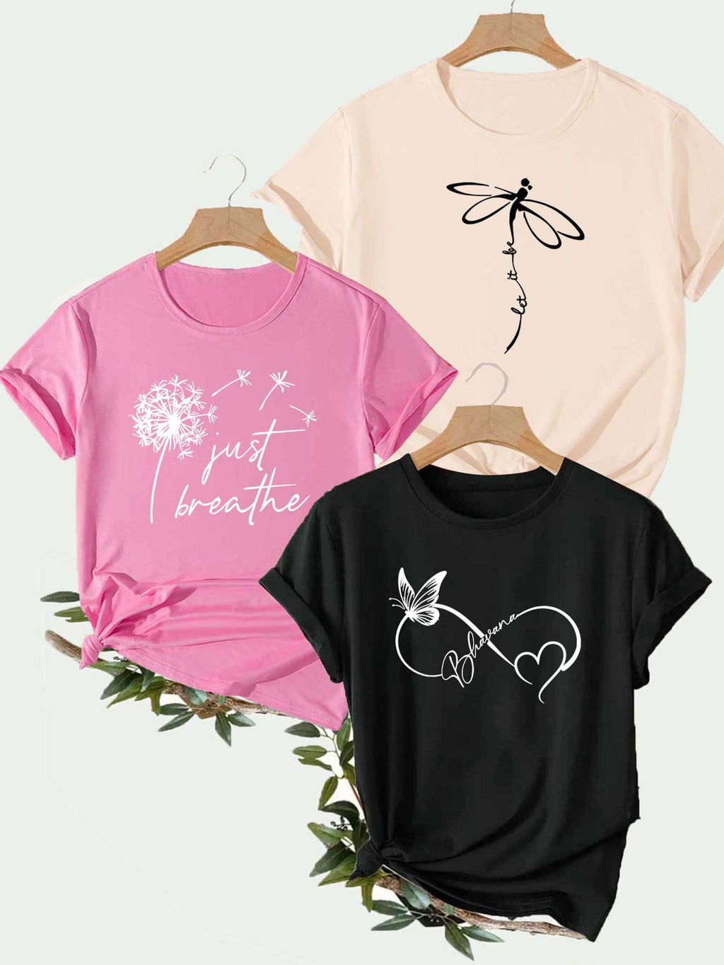Creative Dragonfly&Butterfly&Dandelion Alphabetical Elements Printed T Shirt 3pcs Set, Summer and Spring Short Sleeve Round Neck Casual Tops Multi Sets for Women