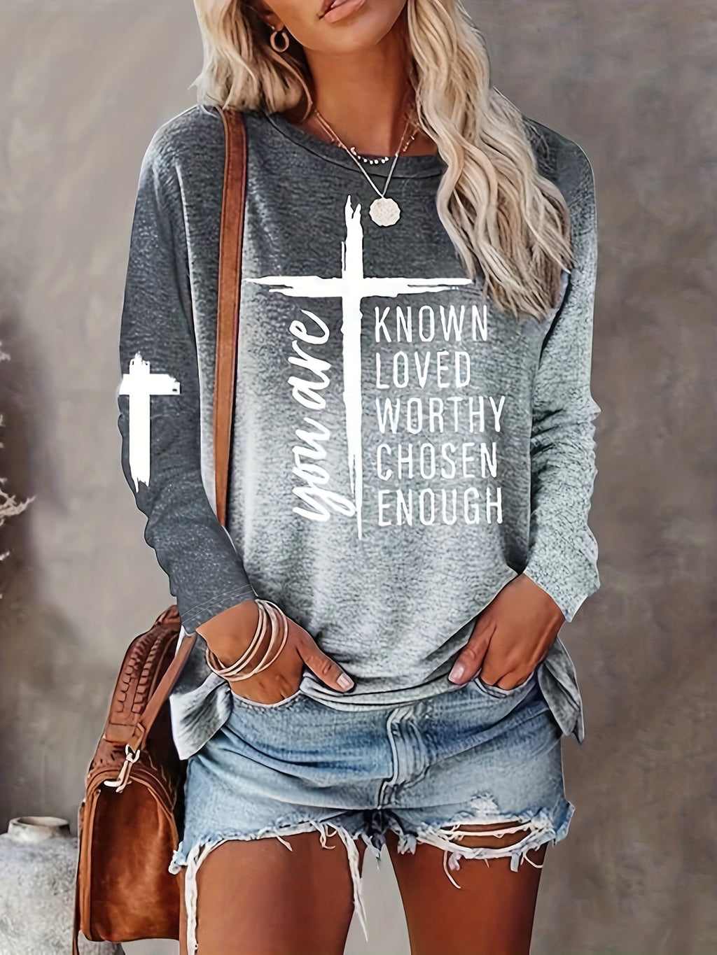Women's Long Sleeve T-Shirt with Inspirational Lettering & Cross Design - Casual Round Neck Regular Fit All-Season Machine Washable Top, Ladies T Shirts, Casual Attire, Motivational Text Shirt, Soft Texture Apparel