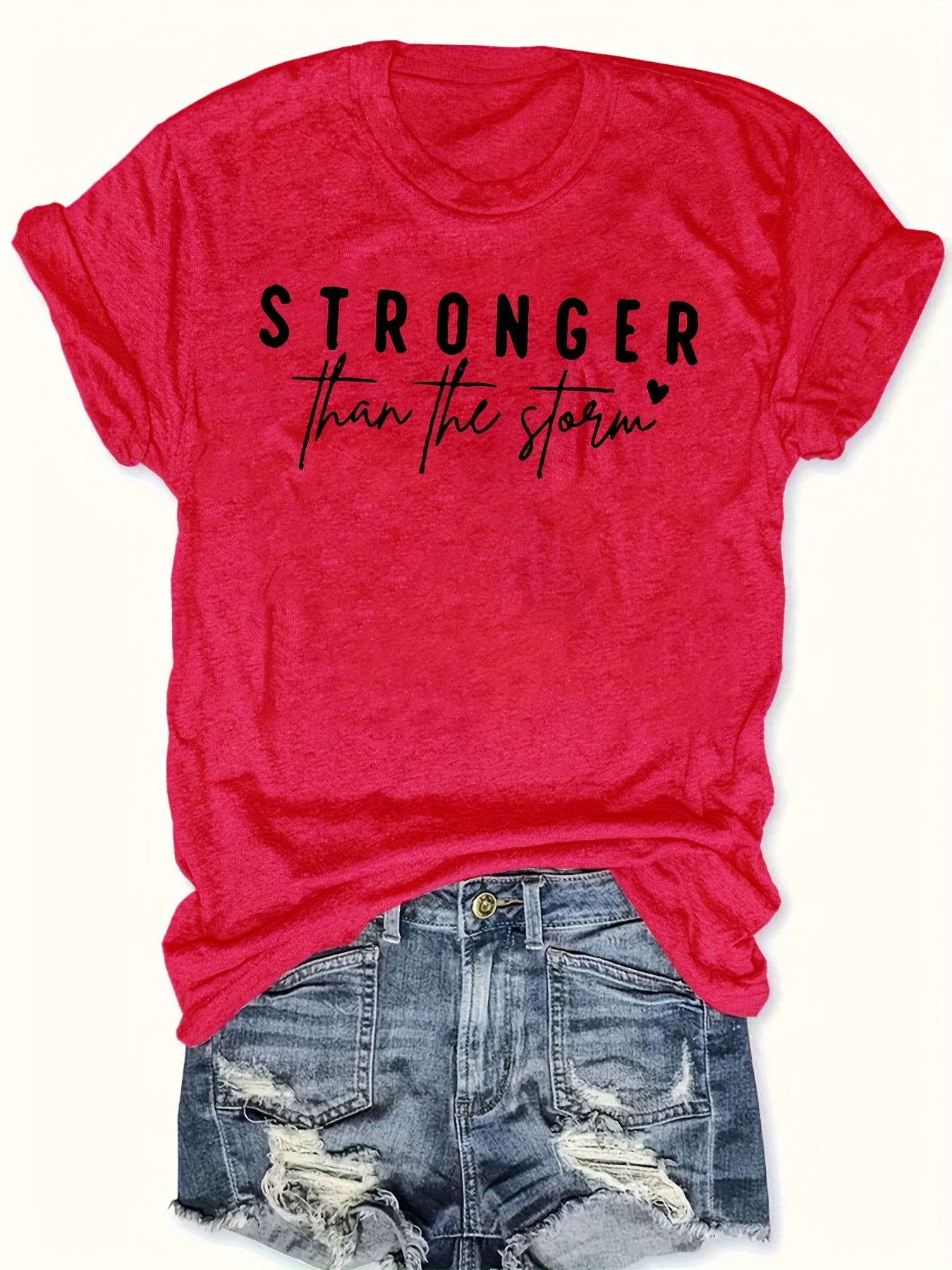 Women'S "Stronger Than the Storm" Graphic Tee - Pink Casual Short Sleeve T-Shirt with Heart Design, Summer 2025 Collection, Casual Attire|Playful Print|Short Sleeve Shirt