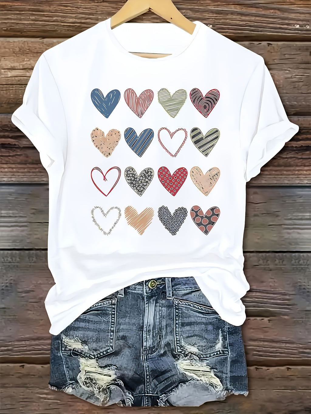 Fashionable Women'S Collection Valentine'S Day Creative Heart Pattern Printed Casual Round Neck Short Sleeve T-Shirt