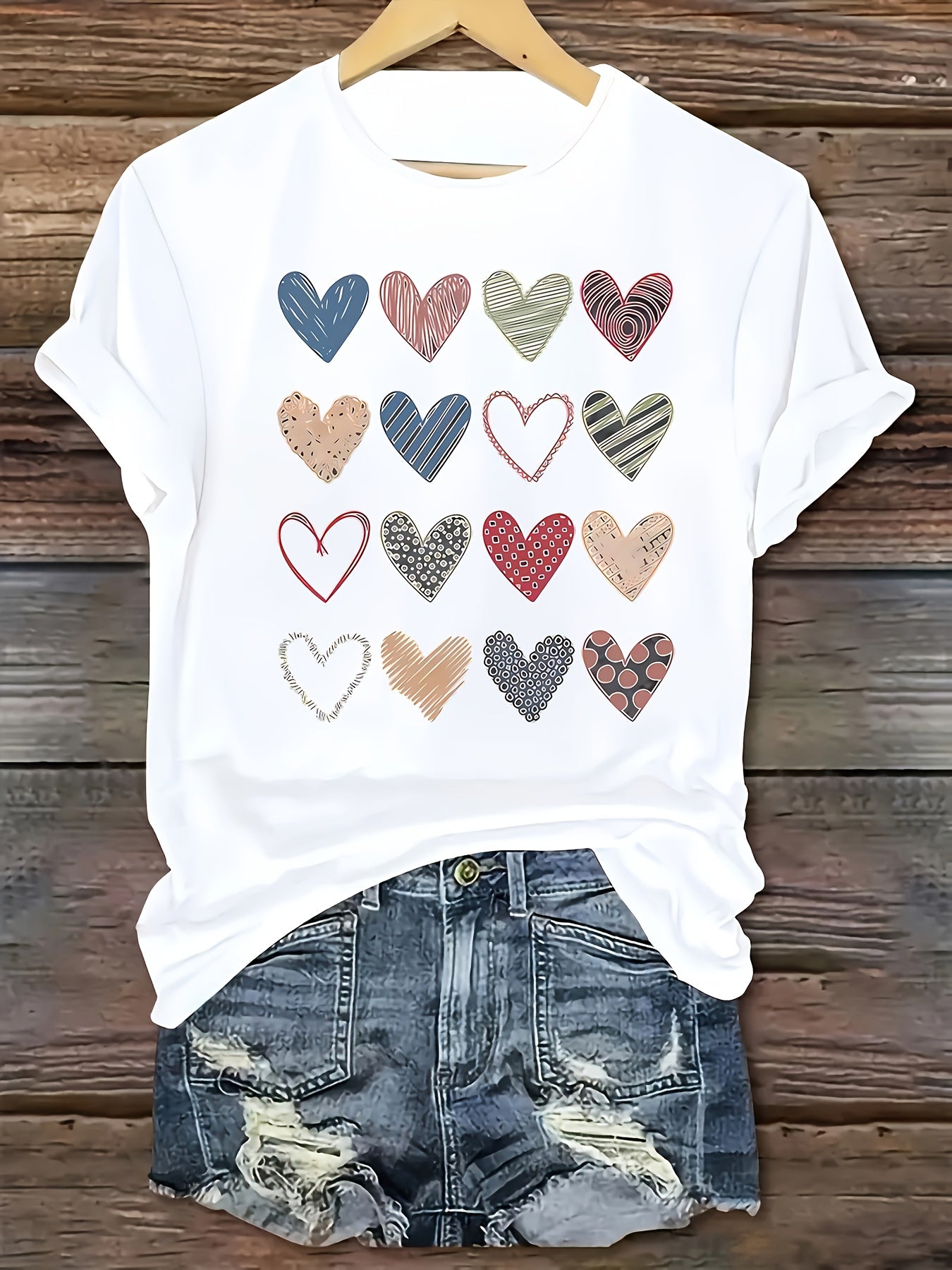 Fashionable Women'S Collection Valentine'S Day Creative Heart Pattern Printed Casual Round Neck Short Sleeve T-Shirt