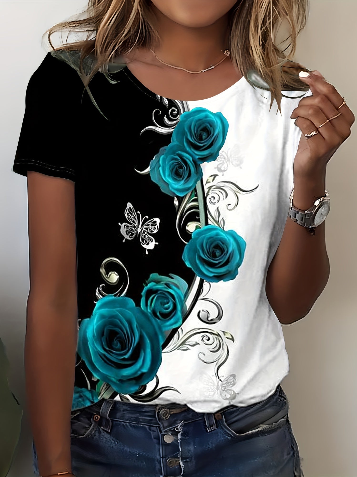 Rose Print Color Block T-shirt, Casual Crew Neck Short Sleeve T-shirt, Women's Clothing