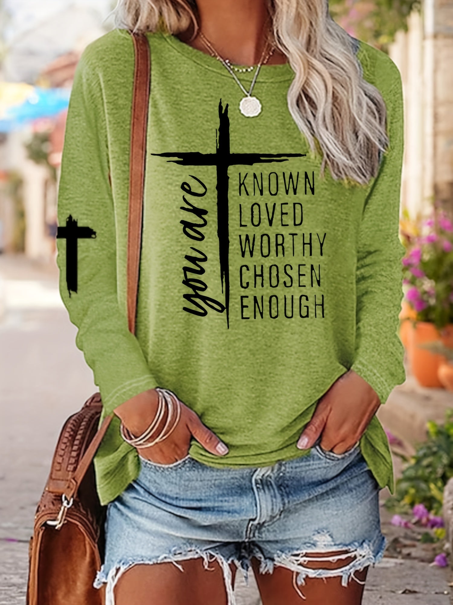 Women's Long Sleeve T-Shirt with Inspirational Lettering & Cross Design - Casual Round Neck Regular Fit All-Season Machine Washable Top, Ladies T Shirts, Casual Attire, Motivational Text Shirt, Soft Texture Apparel