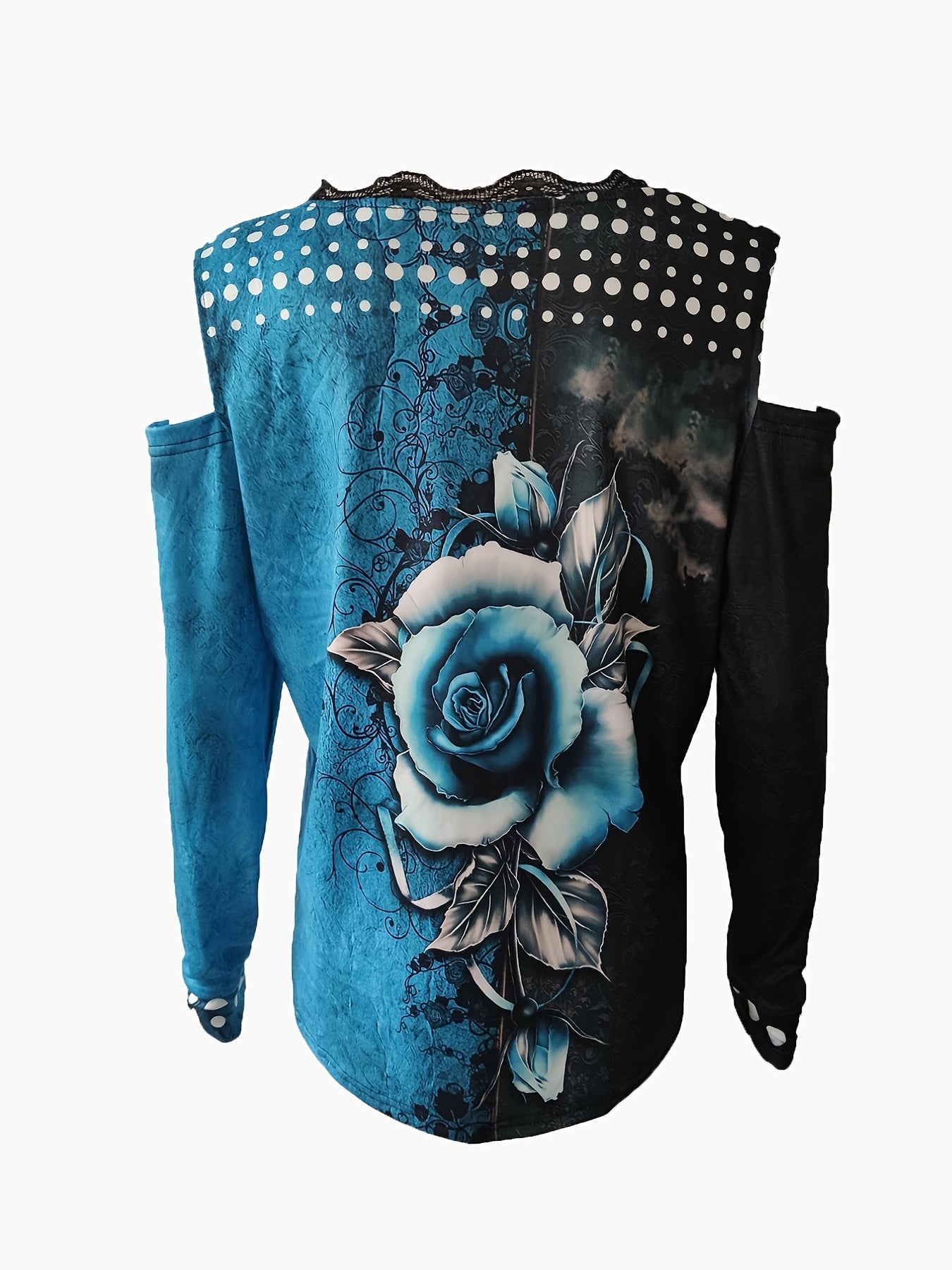 Lace Trim V-Neck Printed Off-Shoulder Long Sleeve