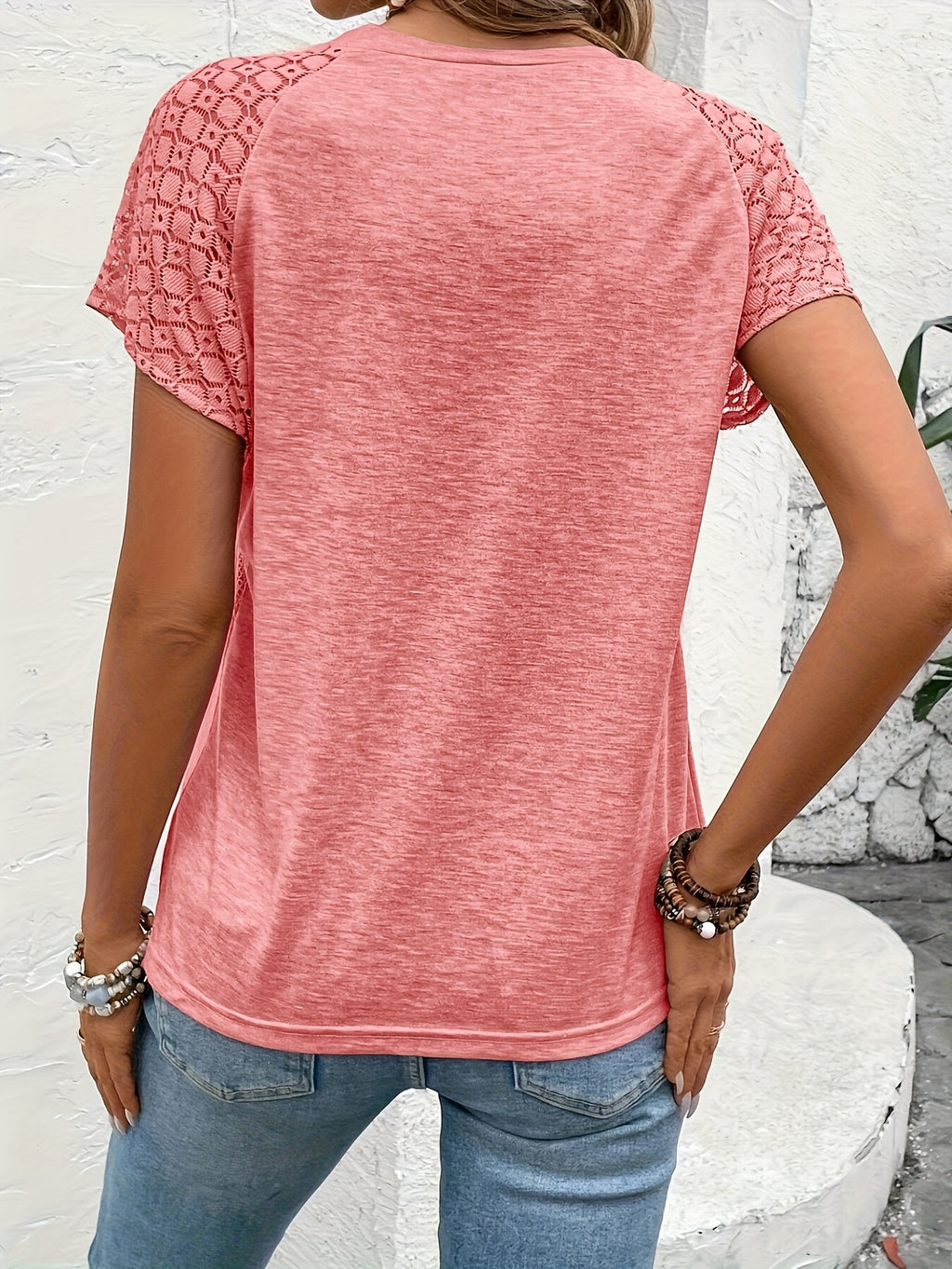 Women's Fashion Solid Color Color-Block Lace Sleeve T-shirt