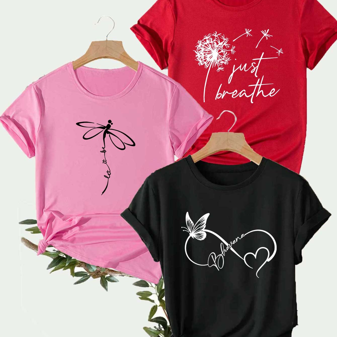 Creative Dragonfly&Butterfly&Dandelion Alphabetical Elements Printed T Shirt 3pcs Set, Summer and Spring Short Sleeve Round Neck Casual Tops Multi Sets for Women