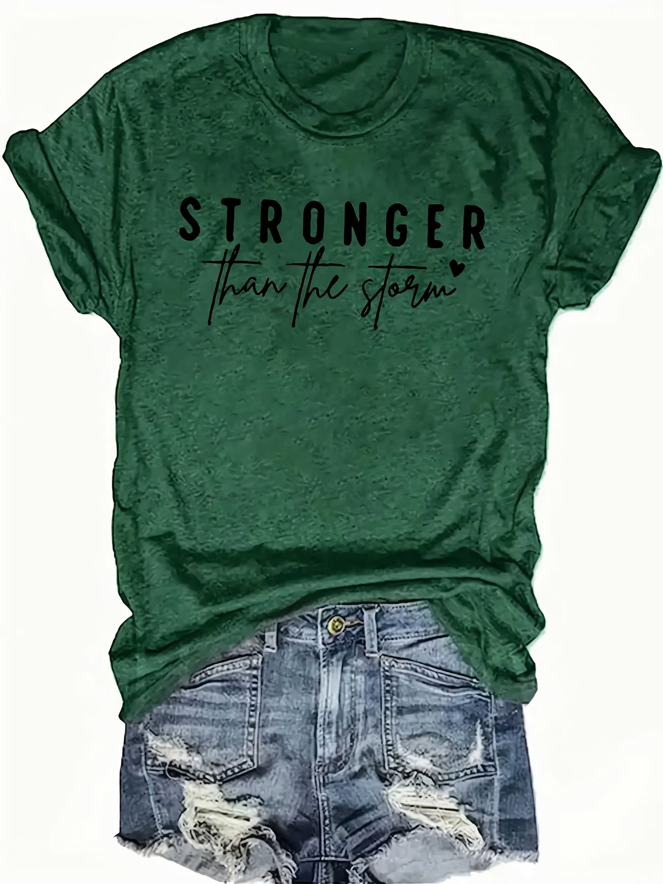 Women'S "Stronger Than the Storm" Graphic Tee - Pink Casual Short Sleeve T-Shirt with Heart Design, Summer 2025 Collection, Casual Attire|Playful Print|Short Sleeve Shirt