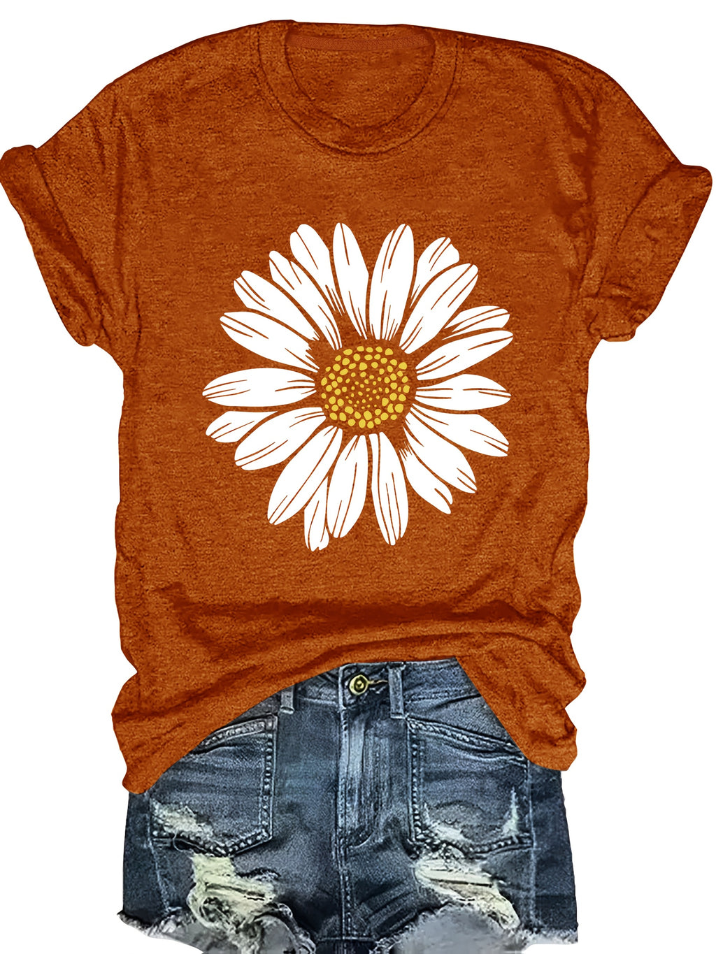 Daisy Flower Print Women's Summer Outfit Combined Version Round Neck T-shirt