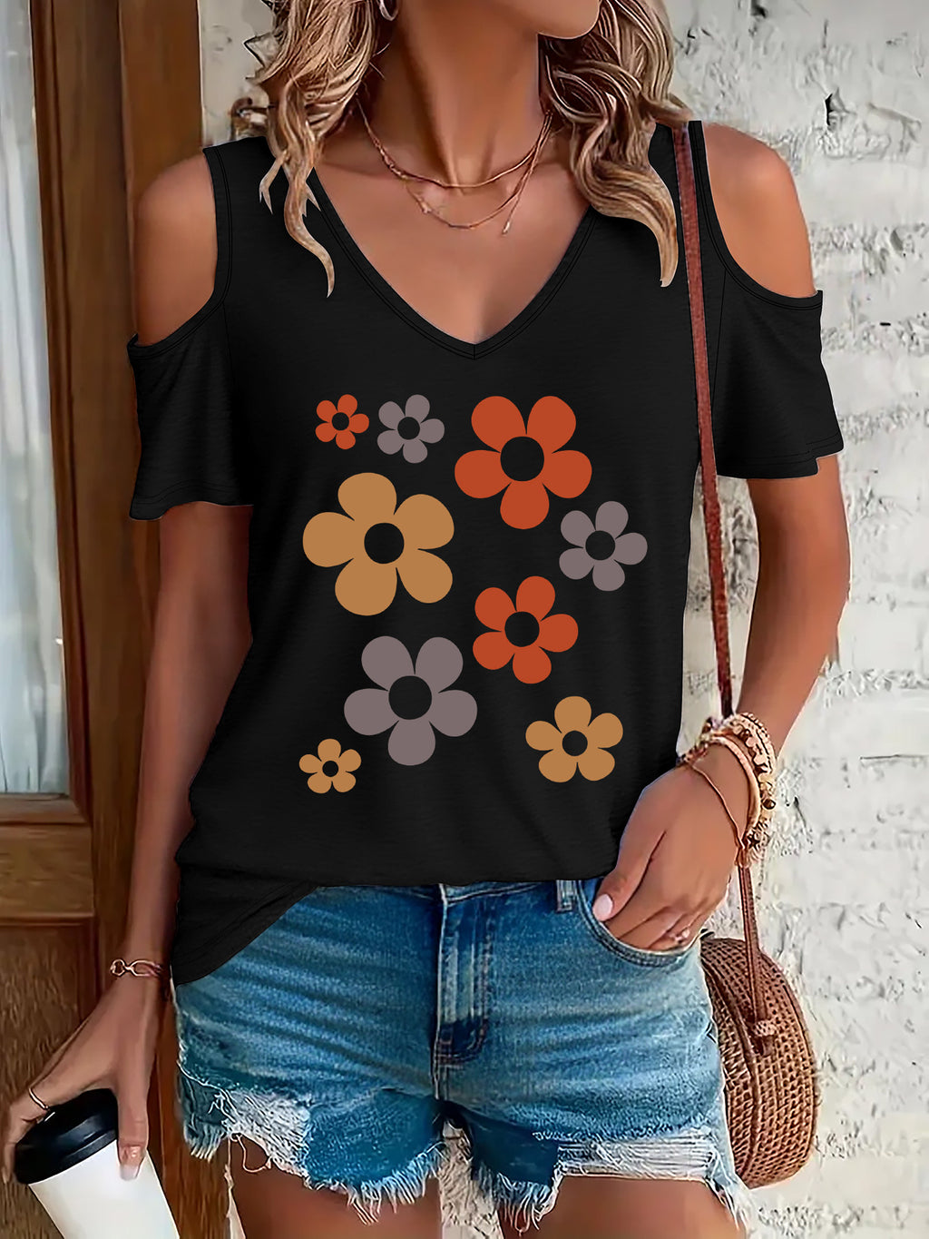 Women'S Fashion T-Shirt with a Printed Design And V-Neck, Stylish Off-Shoulder Short-Sleeve T-Shirt for Women