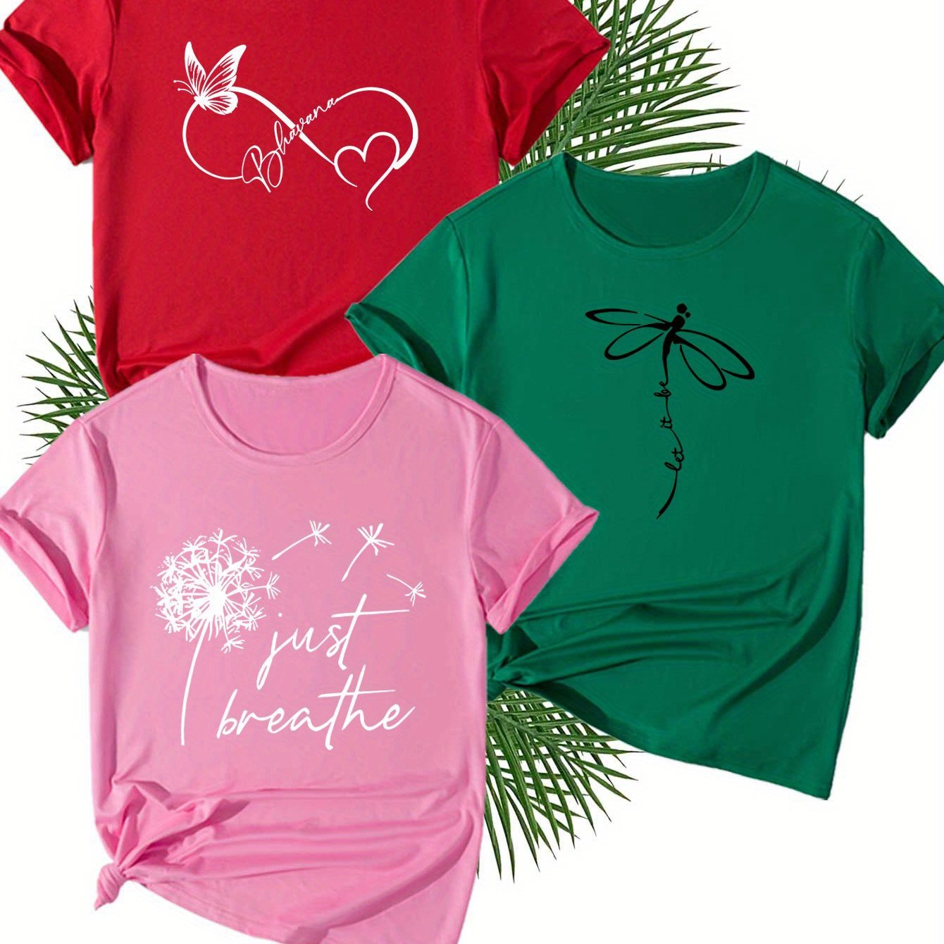 Creative Dragonfly&Butterfly&Dandelion Alphabetical Elements Printed T Shirt 3pcs Set, Summer and Spring Short Sleeve Round Neck Casual Tops Multi Sets for Women