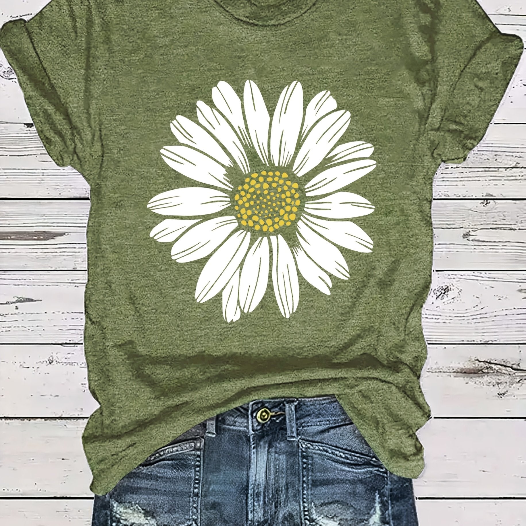 Daisy Flower Print Women's Summer Outfit Combined Version Round Neck T-shirt