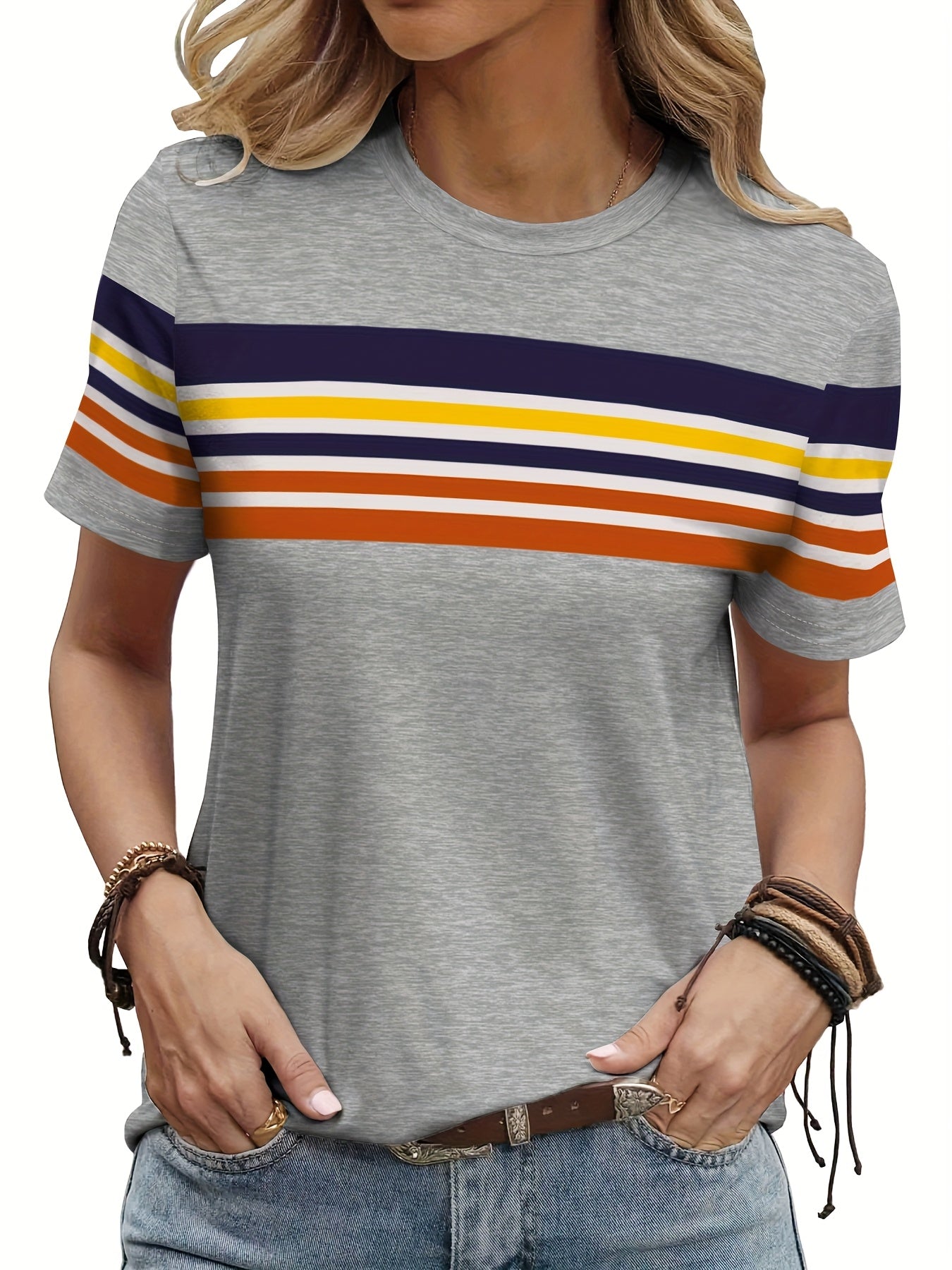 Ladies' Short Sleeved T-shirt - Fashionable, Casual, Elegant, Vacation Retro Color Block Splicing, Striped Graphic Full Body Printed Breathable Round Neck Short Sleeved T-shirt, Suitable for Daily Commuting, Versatile, Comfor